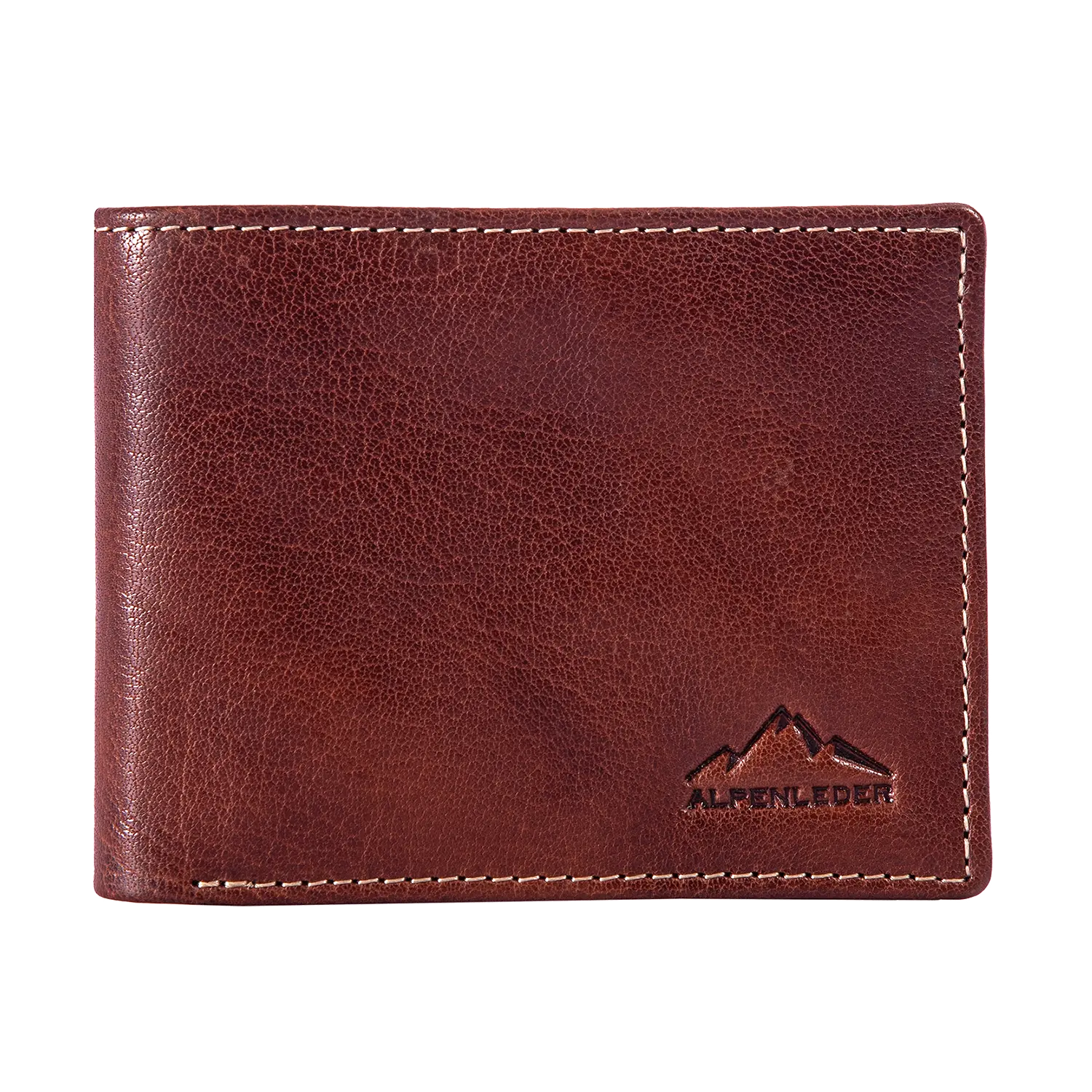 Der Herrengeldbeutel AMBRAS aus braunem Büffelleder besticht durch sichtbare Randnähte, ein geprägtes Berglogo mit „ALPENLEDER“ und RFID-Schutz für mehr Stil und Sicherheit.