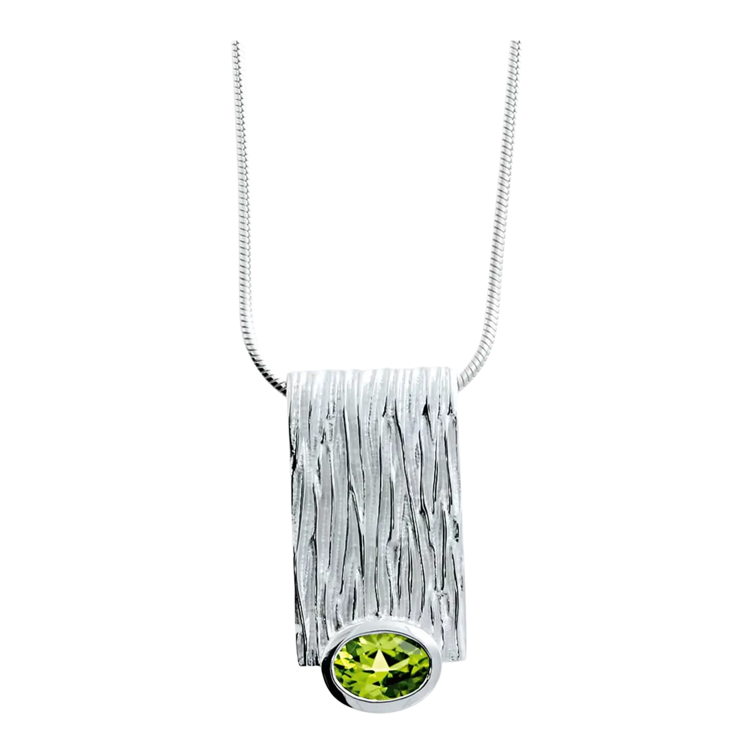 Silberschmuck Anhänger Crease mit rundem Peridot und Texturdesign.