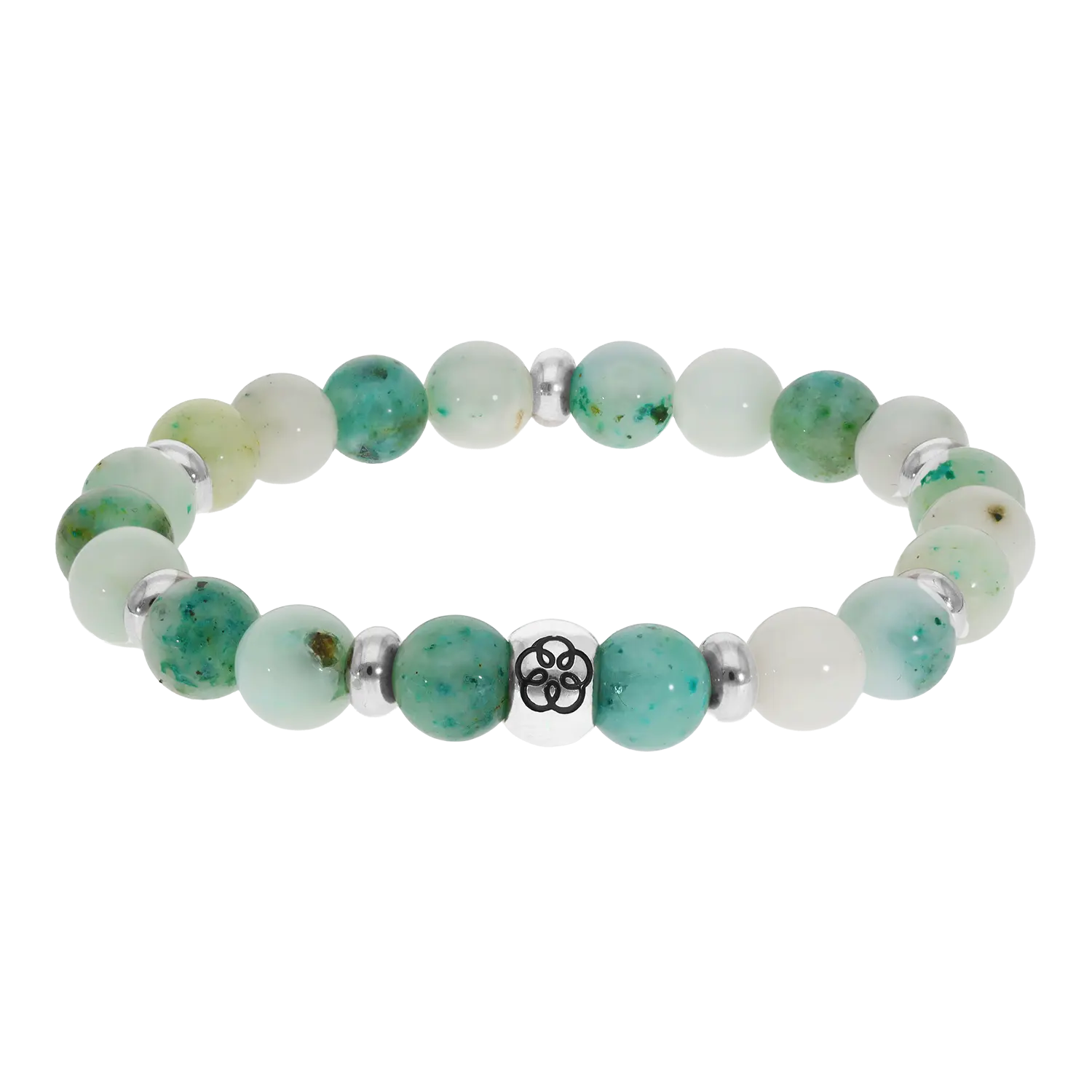 Armband Regeneration mit grünen und weißen Steinen und einem zentralen silbernen Anhänger.