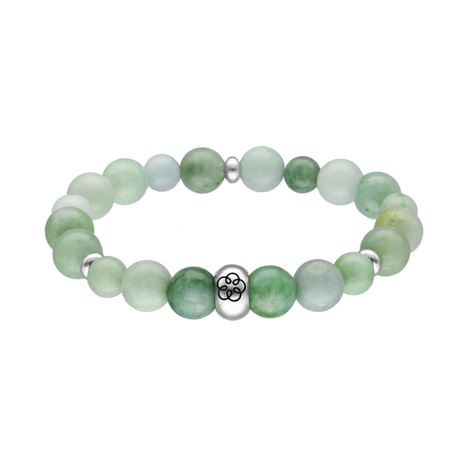 Das Armband Regenerationsenergie besteht aus runden, smaragdgrünen, durchscheinenden Perlen mit kleinen silbernen Akzenten, darunter einer mit Blumengravur. Die Grüntöne wechseln von blassem Jade zu dunklem Jade und erzeugen so einen harmonischen und organischen Look.