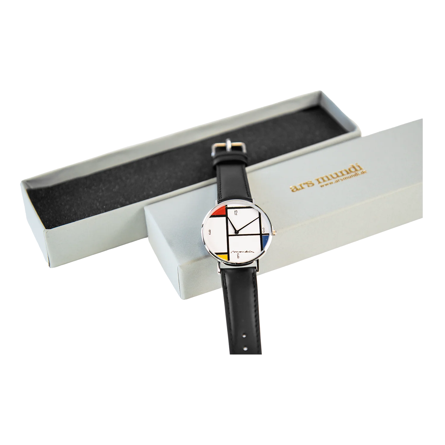 Mondrian - Tableau Nr. IV Exklusiv-Edition Uhr mit schwarzem Band durch graue Box.