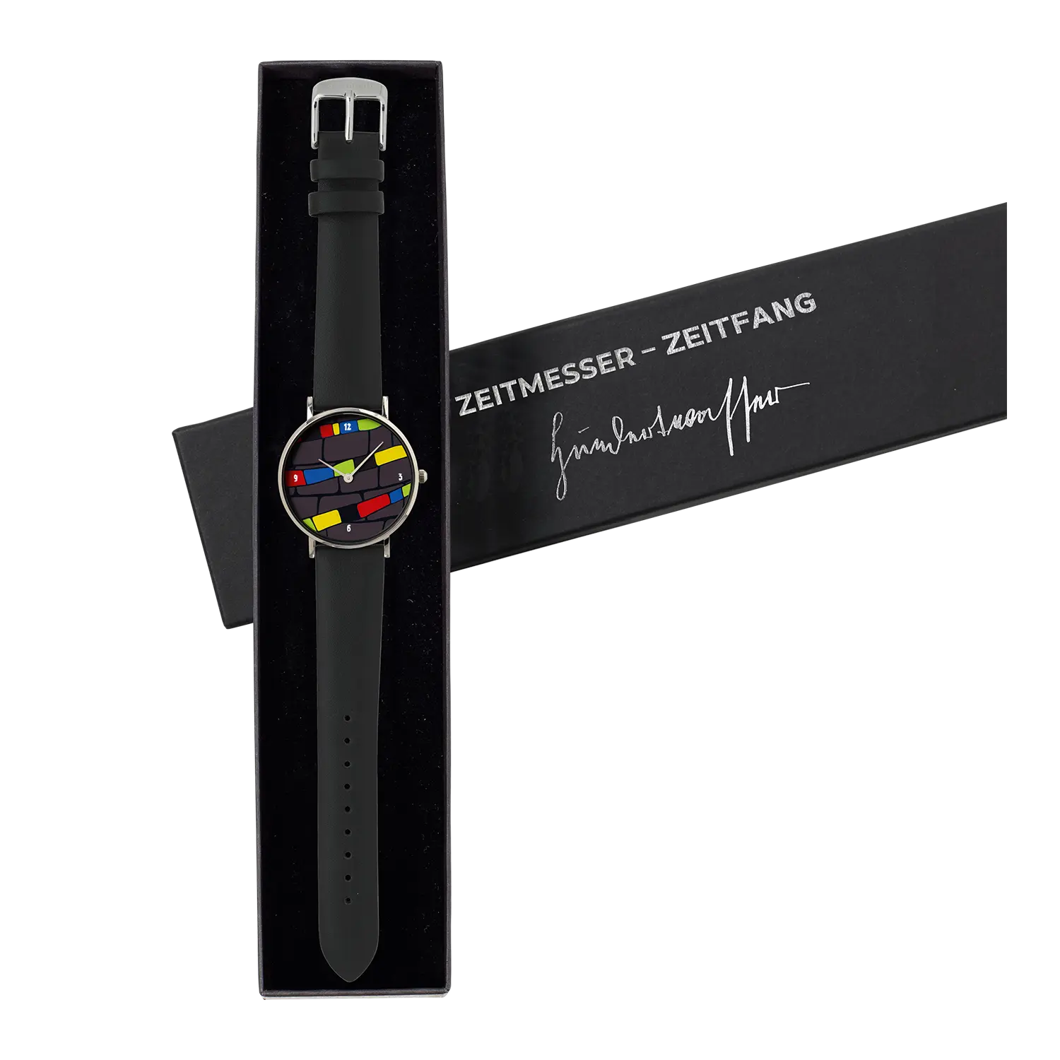 Künstler-Armbanduhr Zeitfinder "Zeitfang" mit abstraktem Zifferblatt in Geschenkbox.