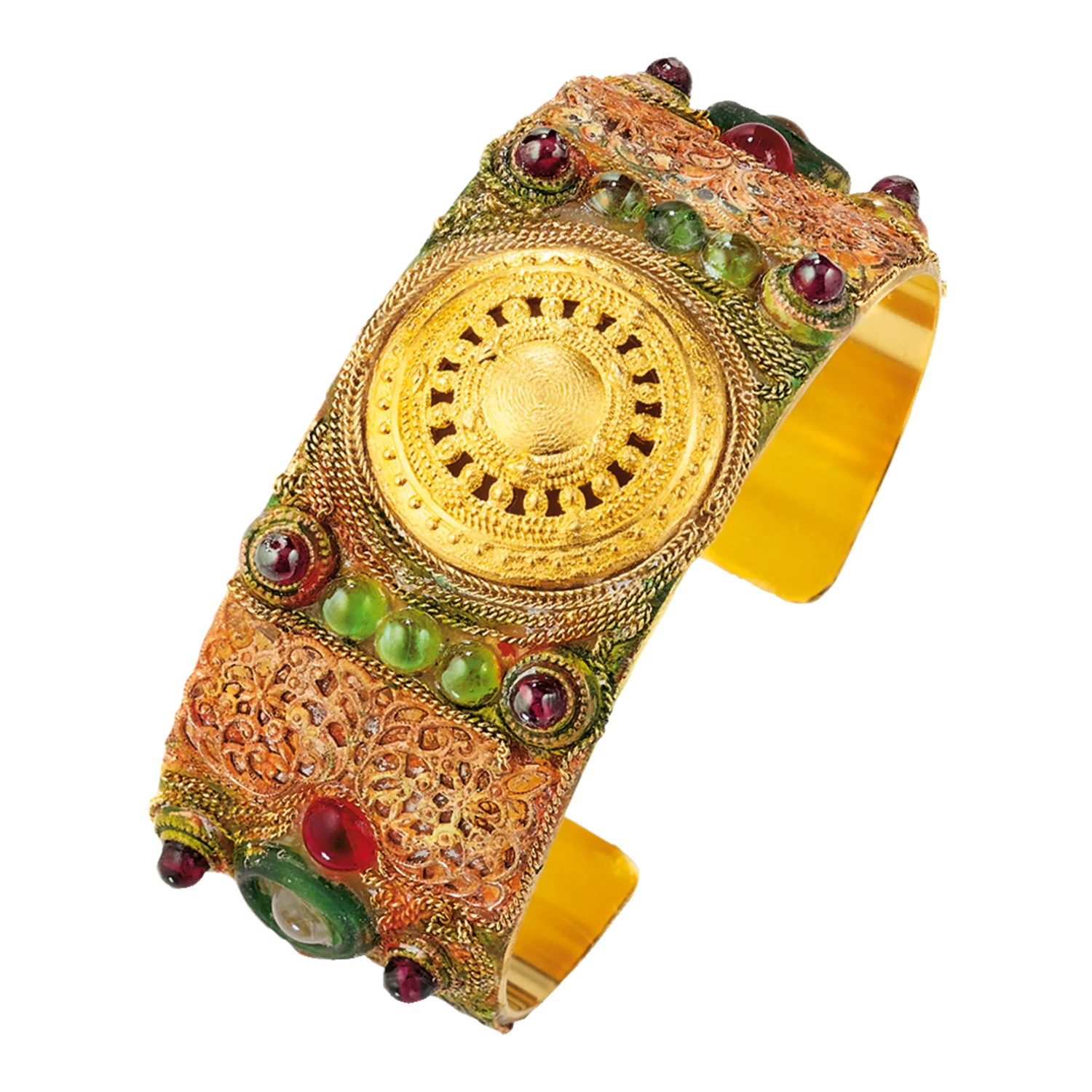 Spirituelles Schmuckset Aton-Sonnenrad von Petra Waszak, verziertes goldenes Manschettenarmband.