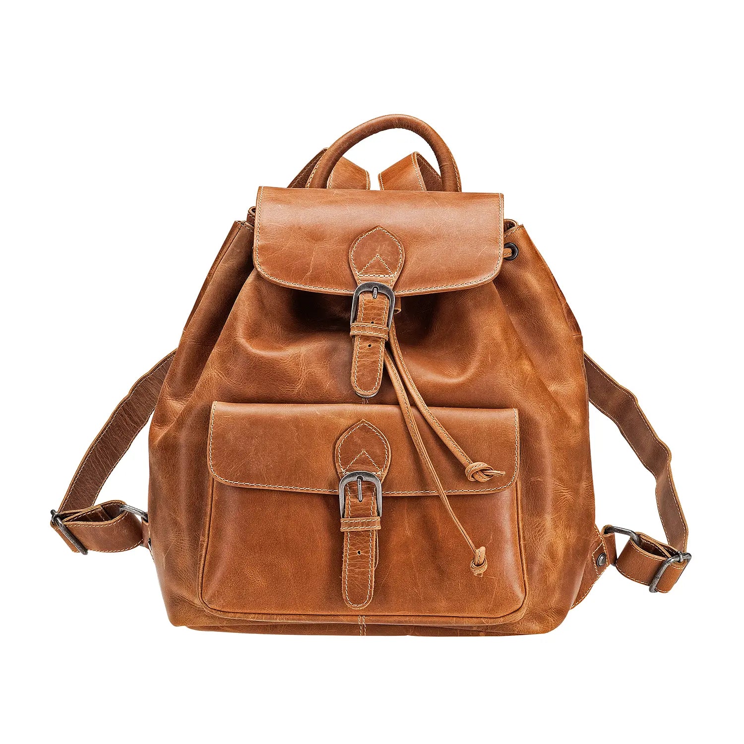 Der Leder-Rucksack JACOB'S WAY verfügt über verstellbare Schultergurte, eine Frontklappe mit Schnalle und einen Kordelzugverschluss unter der oberen Klappe für zusätzlichen Stil.