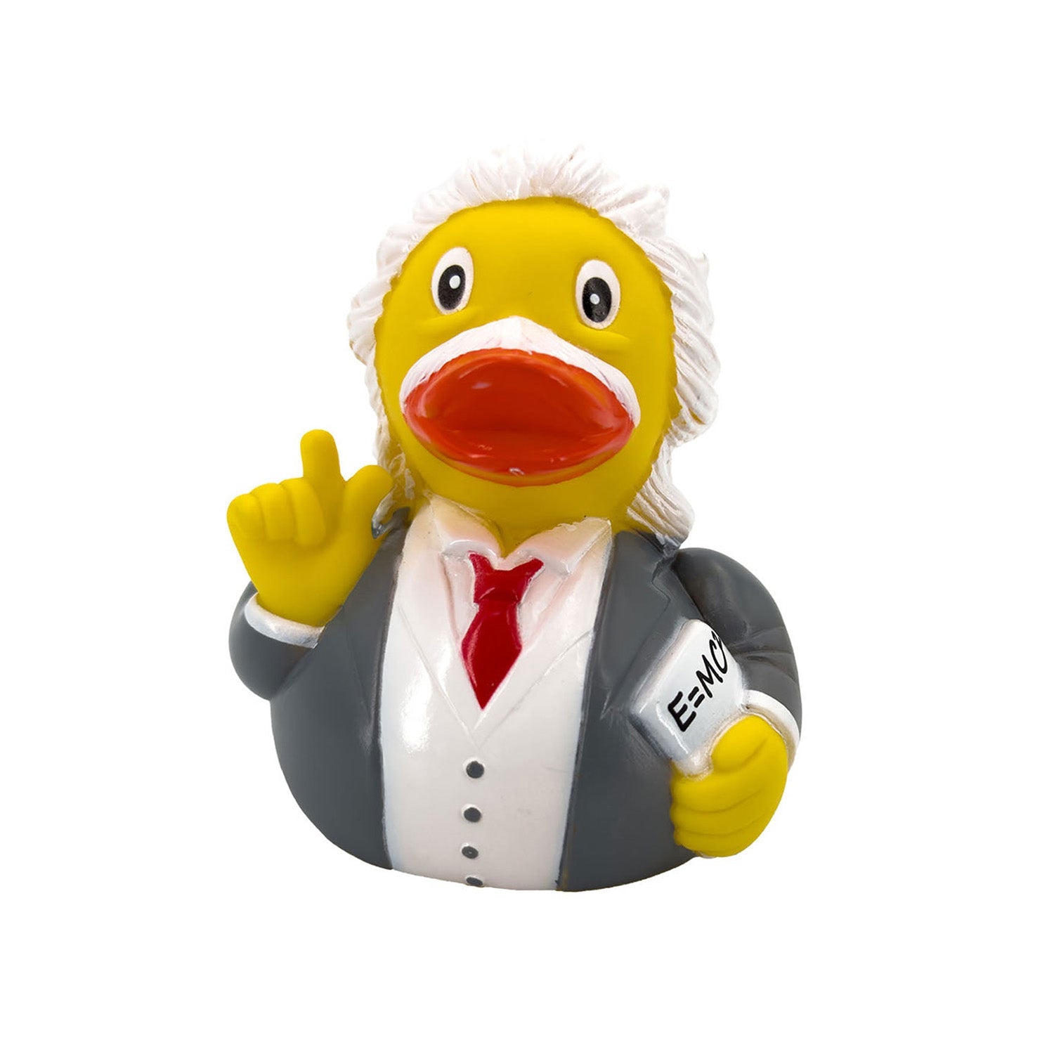 Das Badeset Geschenk Einstein zeigt eine skurrile Ente im Wissenschaftlerkostüm in grauem Anzug und roter Krawatte, die eine E=MC²-Tafel hält. Mit wildem weißem Haar wie Einstein streckt diese Ente aufgeregt einen Flügel.
