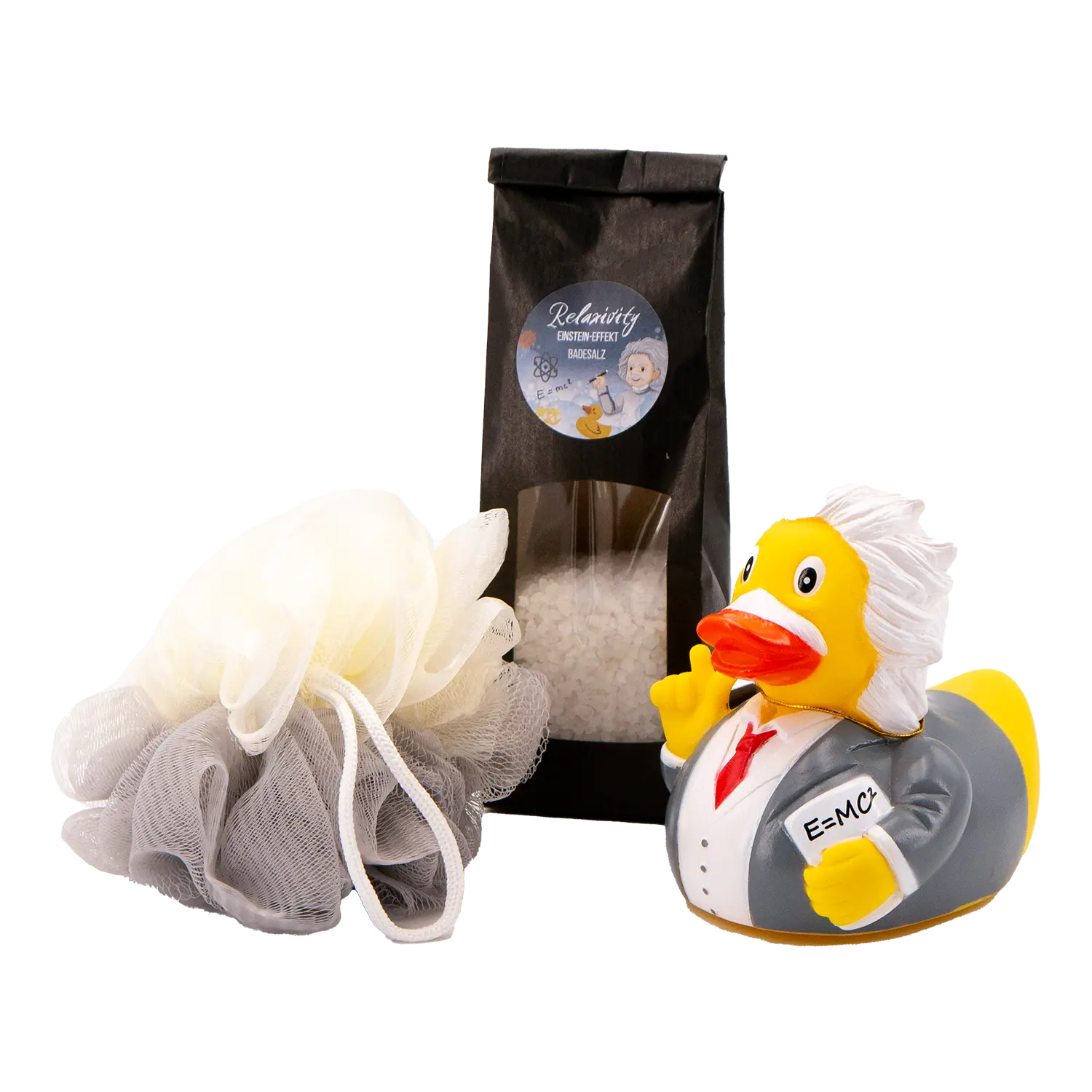 Badeset Geschenk Einstein: Gelbe Ente, Badequaste Badesalz aus dem Toten Meer.