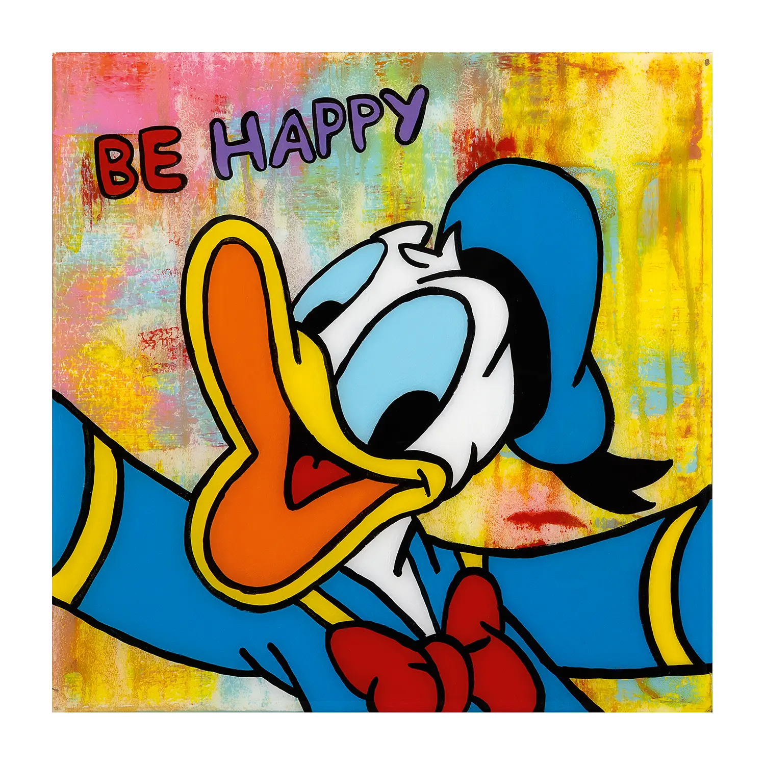 Gemälde mit Donald Duck und der Aufschrift „Be Happy“.