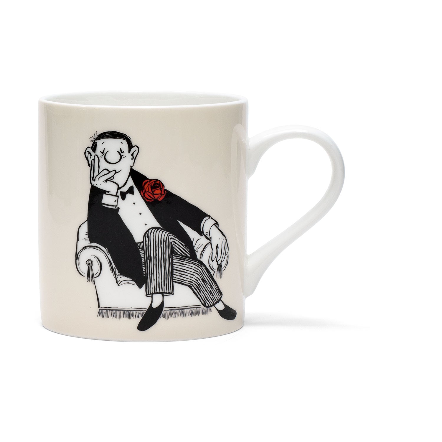 Das Tassenset „Der Denker und Herr im Sessel“ der ars mundi Exklusiv-Edition besteht aus eleganten weißen Tassen aus Bone-China-Porzellan, die mit einer Zeichentrickfigur im Smoking und mit einer roten Rose verziert sind und den nachdenklichen Charme von Vicco von Bülow beim Entspannen auf der Couch verkörpern.