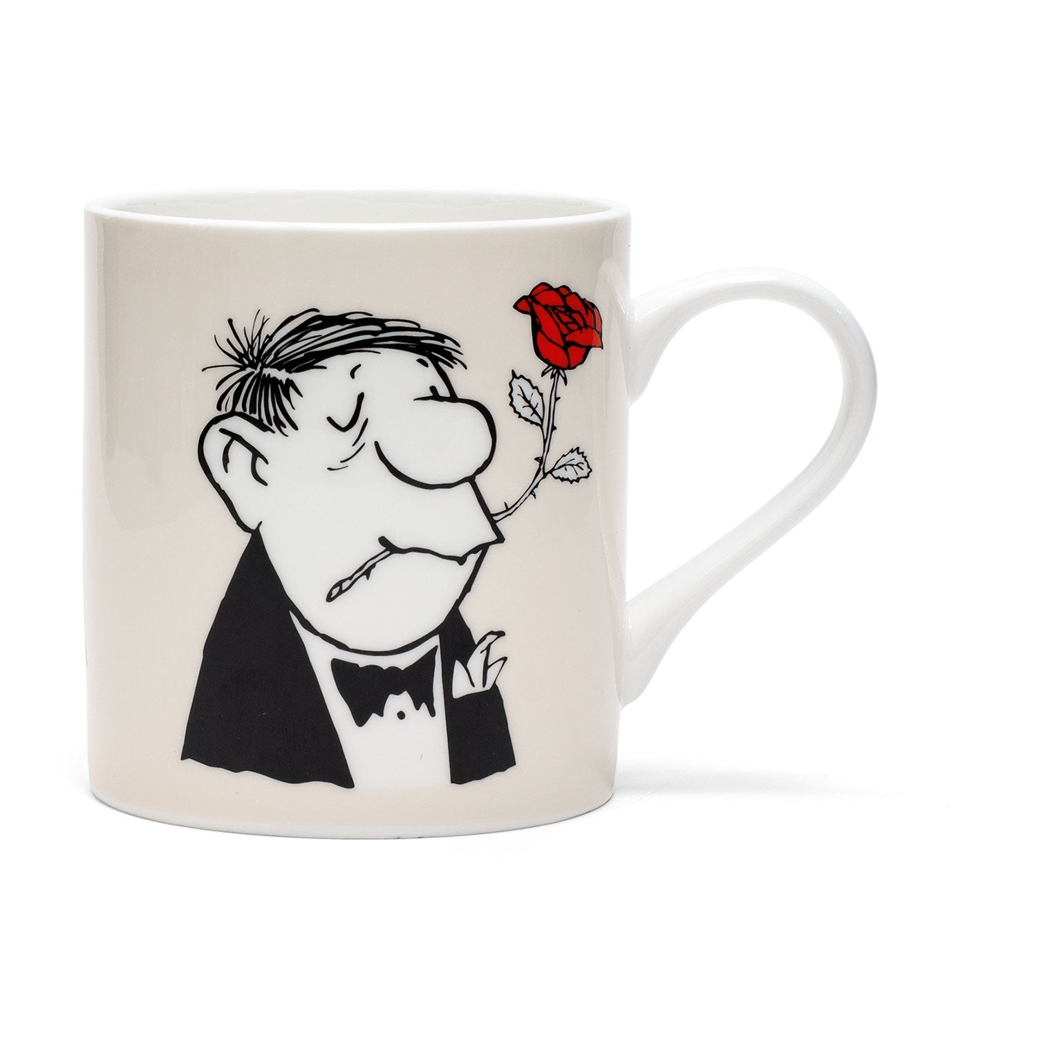 Dieser elegante Loriot Becher "Rosenkavalier" aus Bone-China-Porzellan zeigt einen Mann im Smoking mit einer roten Rose im Mund. Sein skeptischer Gesichtsausdruck und sein spärliches Haar, das an Vicco von Bülows Stil erinnert, verleihen diesem charmanten Design Humor.