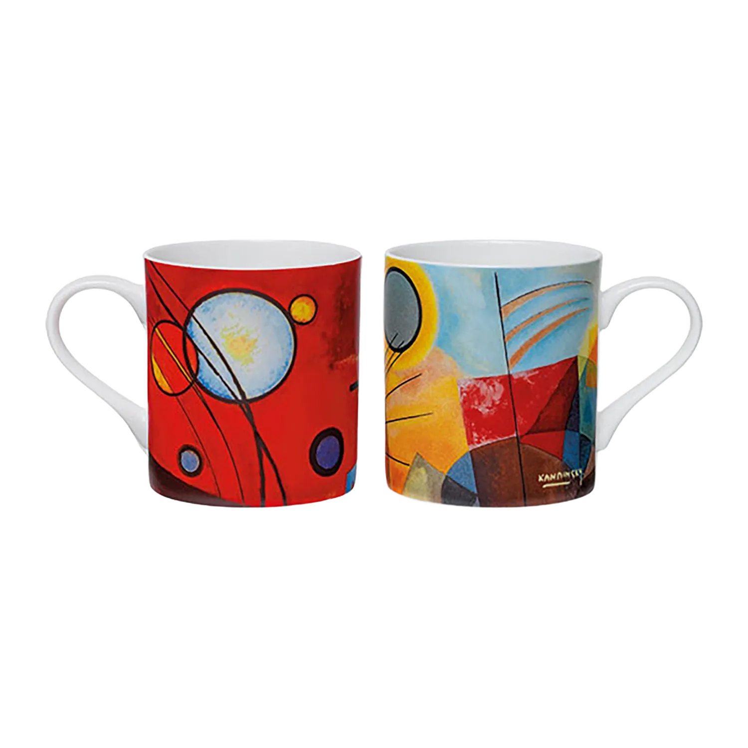 Satz von 2 Bechern: "Schweres Rot" "Gelb - Rot - Blau" auf weißem Hintergrund.