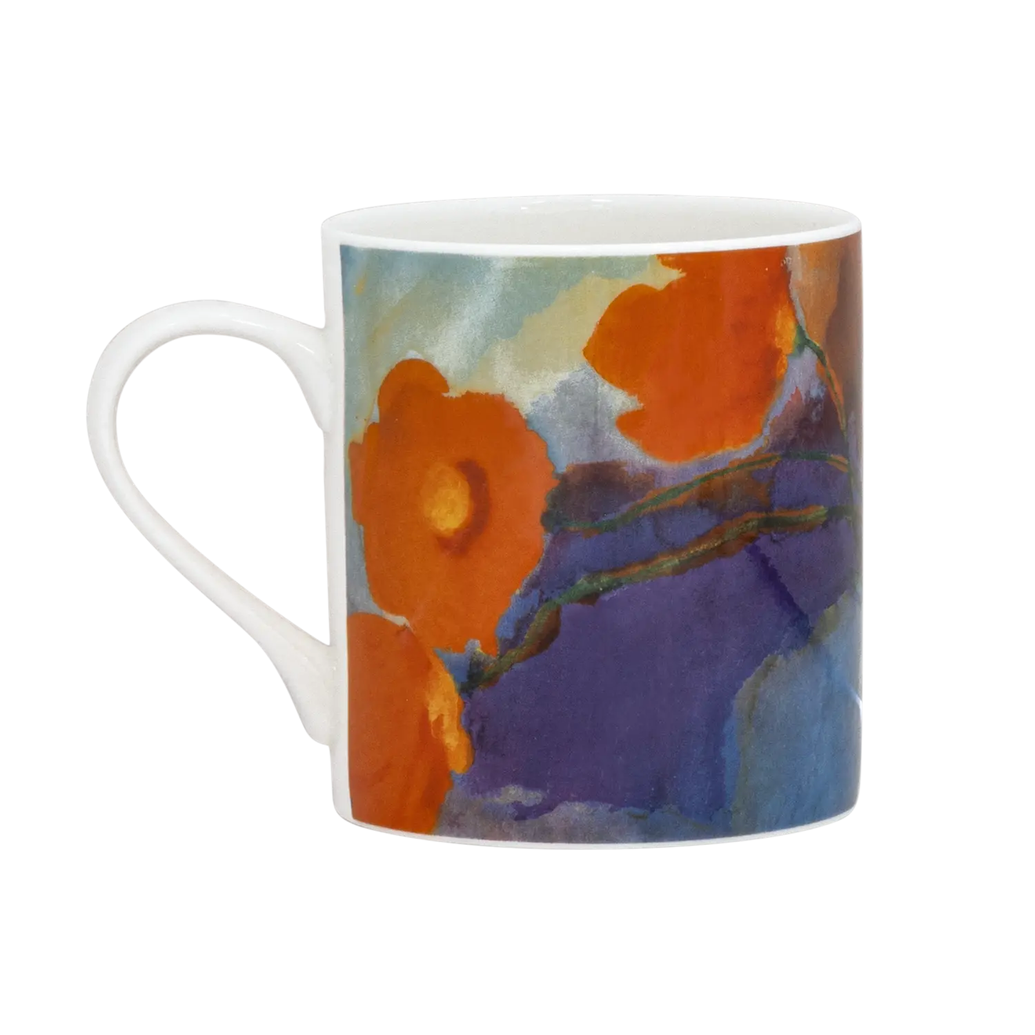 4er Set Becher "Sommerblumen" - weiß mit orangem Mohn, blau-lila Hintergrund