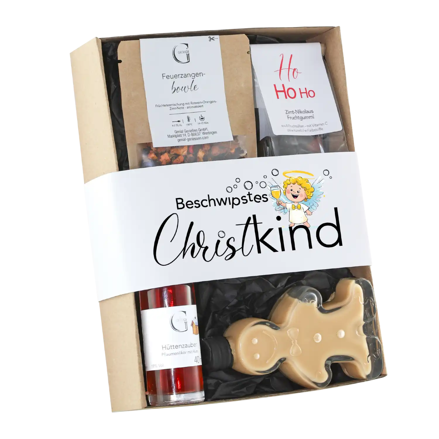 Beschwipstes Christkind: Geschenkset mit Lebkuchen, Drink-Mix Deko-Verpackung.