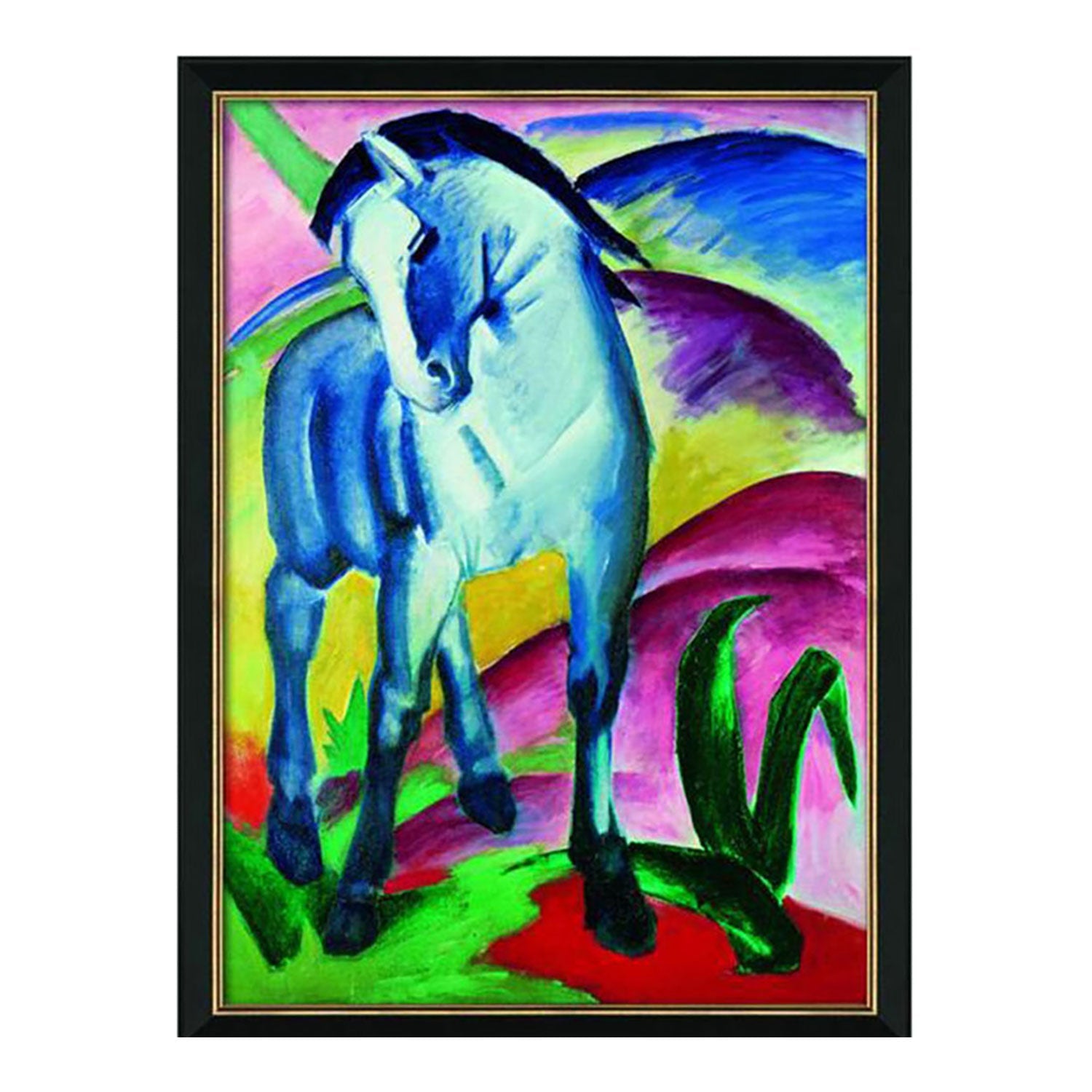 Das „Blaue Pferd I“ ist ein farbenfrohes Gemälde eines blauen Pferdes in einer lebendigen Landschaft mit rosa, grünen, gelben und violetten Akzenten. Dieses Fine-Art-Giclée auf Künstlerleinwand zeigt das Pferd zentral gerahmt mit schwarzem Rand in dieser limitierten Auflage.