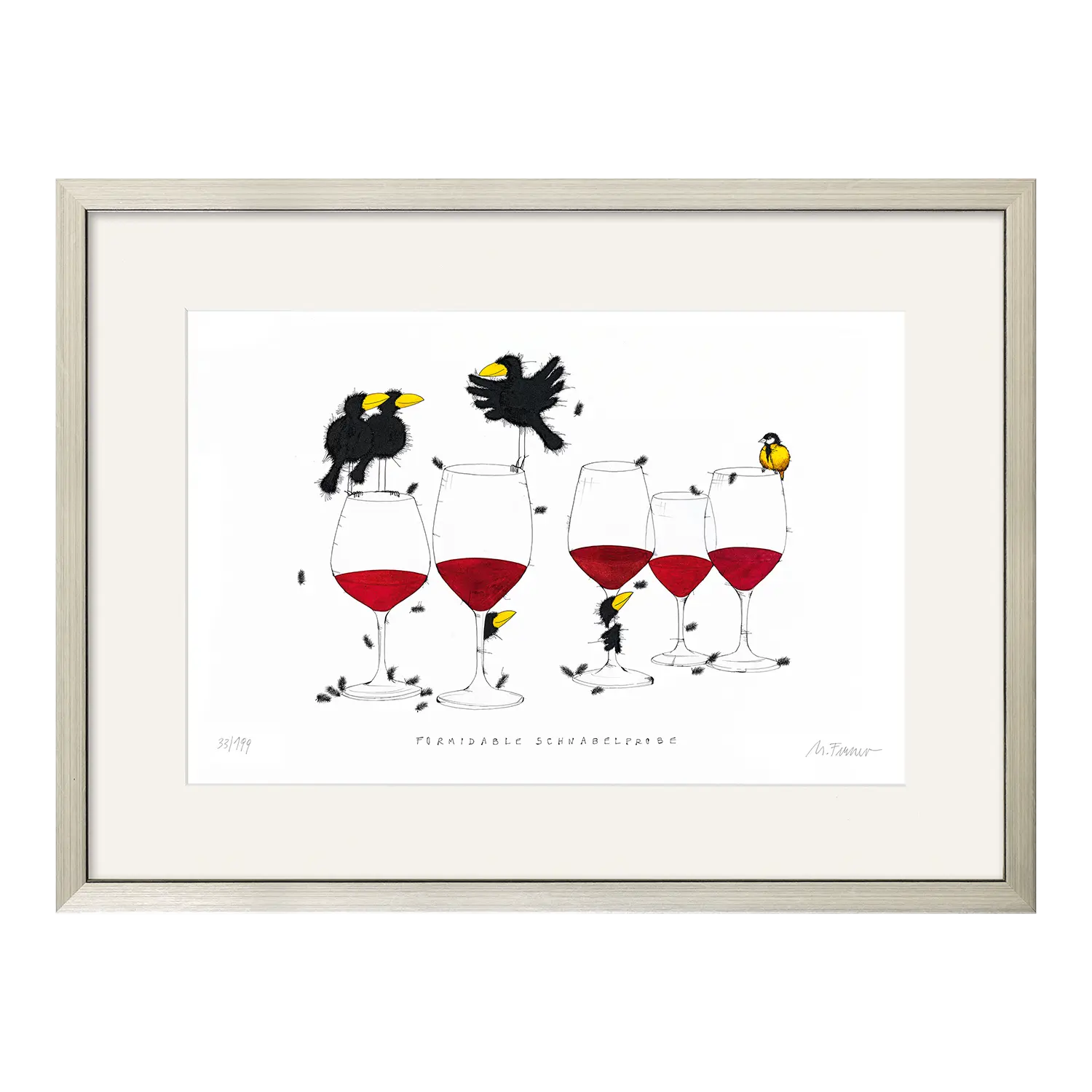 Formidable Schnabelprobe 2021: Humorvolle Vögel auf Weingläsern, gerahmt.