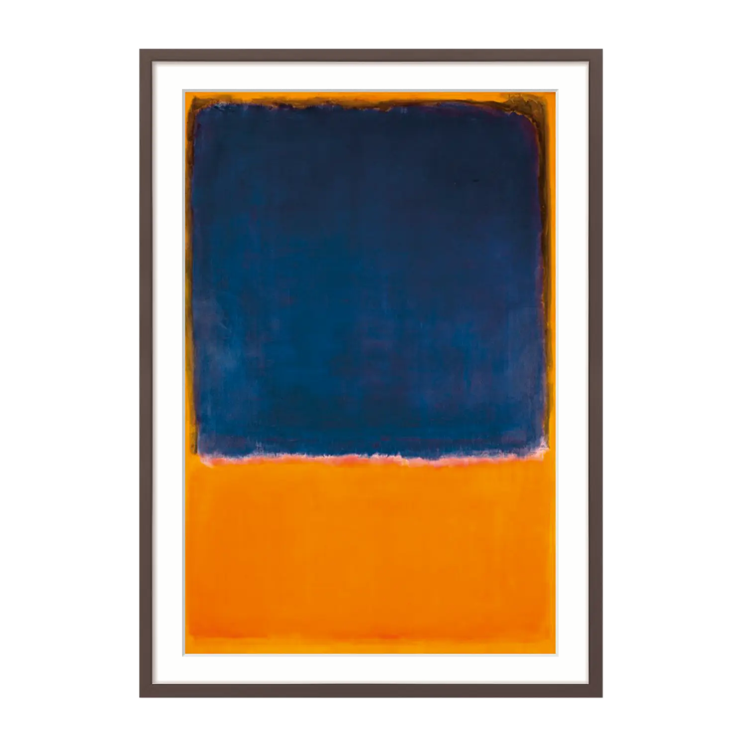 Fine Art Edition: Bild "Ohne Titel" 1950, blau über leuchtendem Orange, Massivholzrahmen.