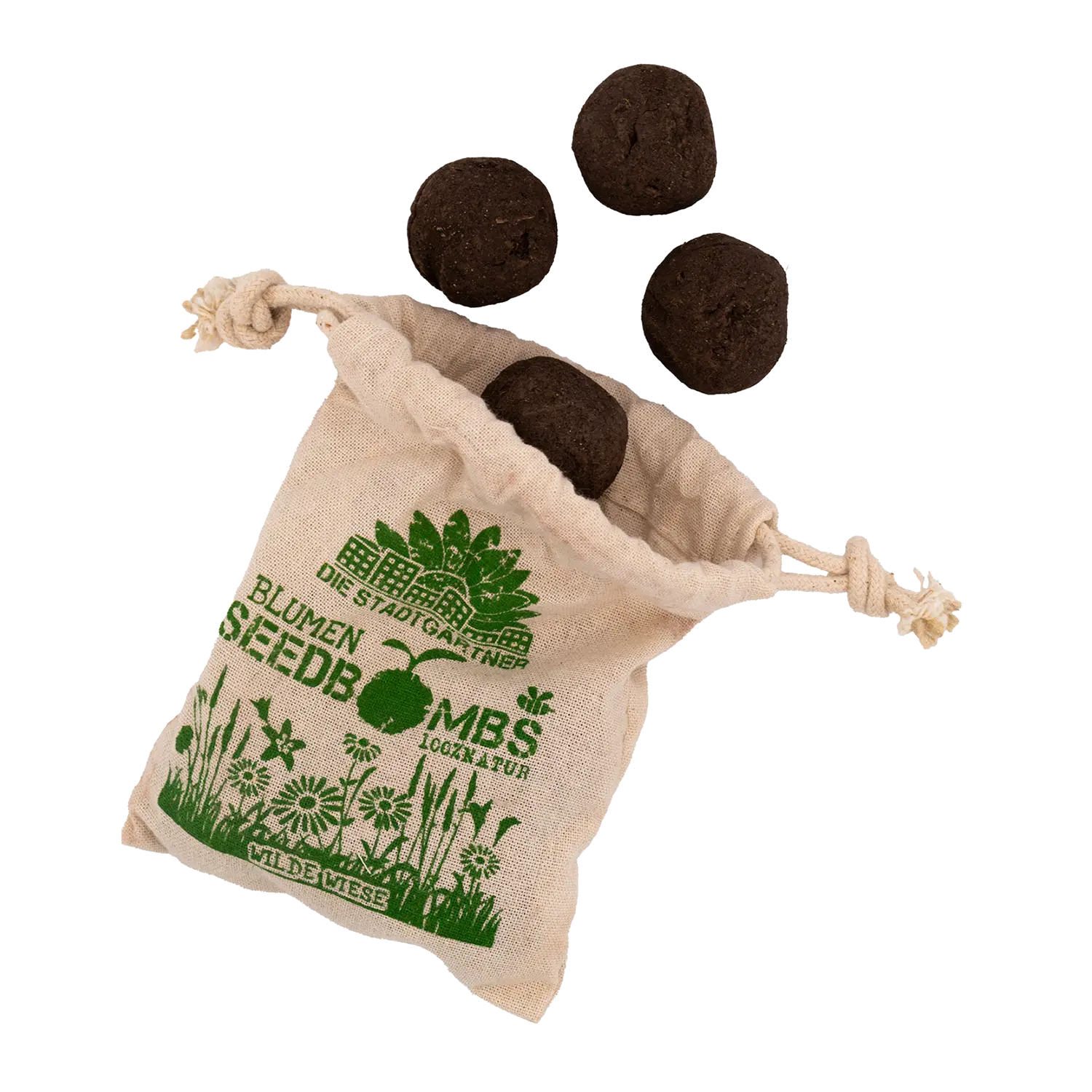 Eine kleine Stofftasche mit grünem Aufdruck und Ostergeschenk für den Garten, aus der die Samen herausquellen.
