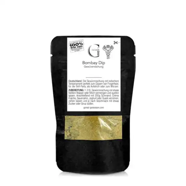 Ein schwarzer Beutel mit der Aufschrift Bombay Dip, der eine gelbe Gewürzmischung enthält.