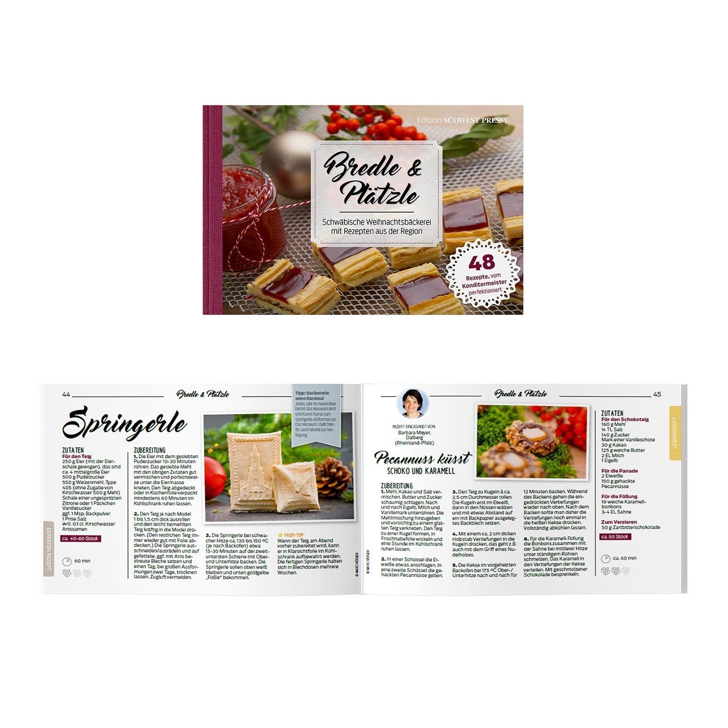 Das Bild zeigt das Kochbuch „Bredle & Plätzle“, auf dessen Cover schwäbische Weihnachtsplätzchen abgebildet sind. Im Inneren bietet Konditormeister Thomas Eckhardt detaillierte Plätzchenrezepte mit Zutaten und Anleitung, ergänzt durch wunderschöne Bilder von Plätzchen und festlicher Dekoration.