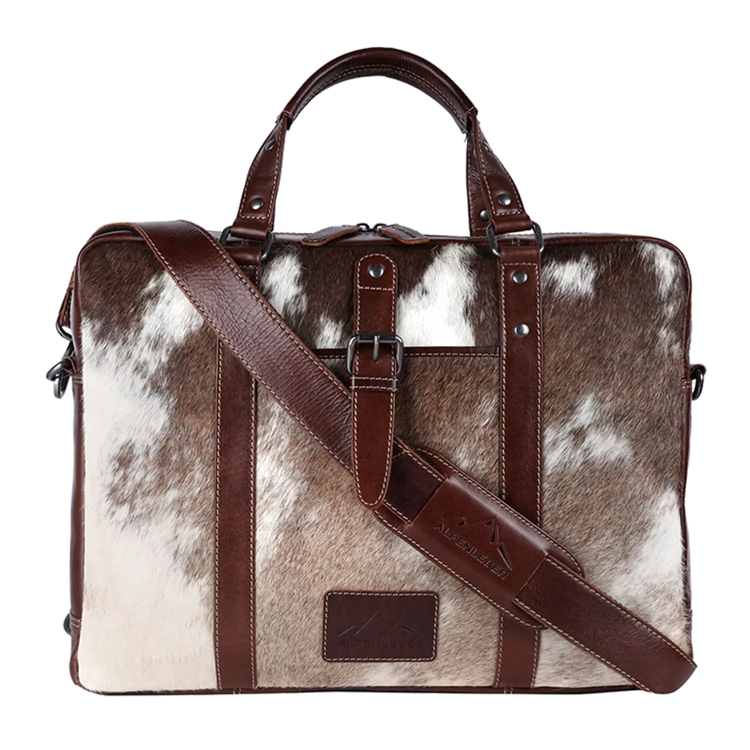 Die Aktentasche LACKL vereint rustikalen Charme und professionelles Design. Sie verfügt über einen abnehmbaren Schultergurt, stabile Griffe, eine Frontschnalle und verstärkte Nähte aus braunem und weißem Rindsleder. Dieses stilvolle Stück verkörpert den Reiz von „natürliche Felle“.