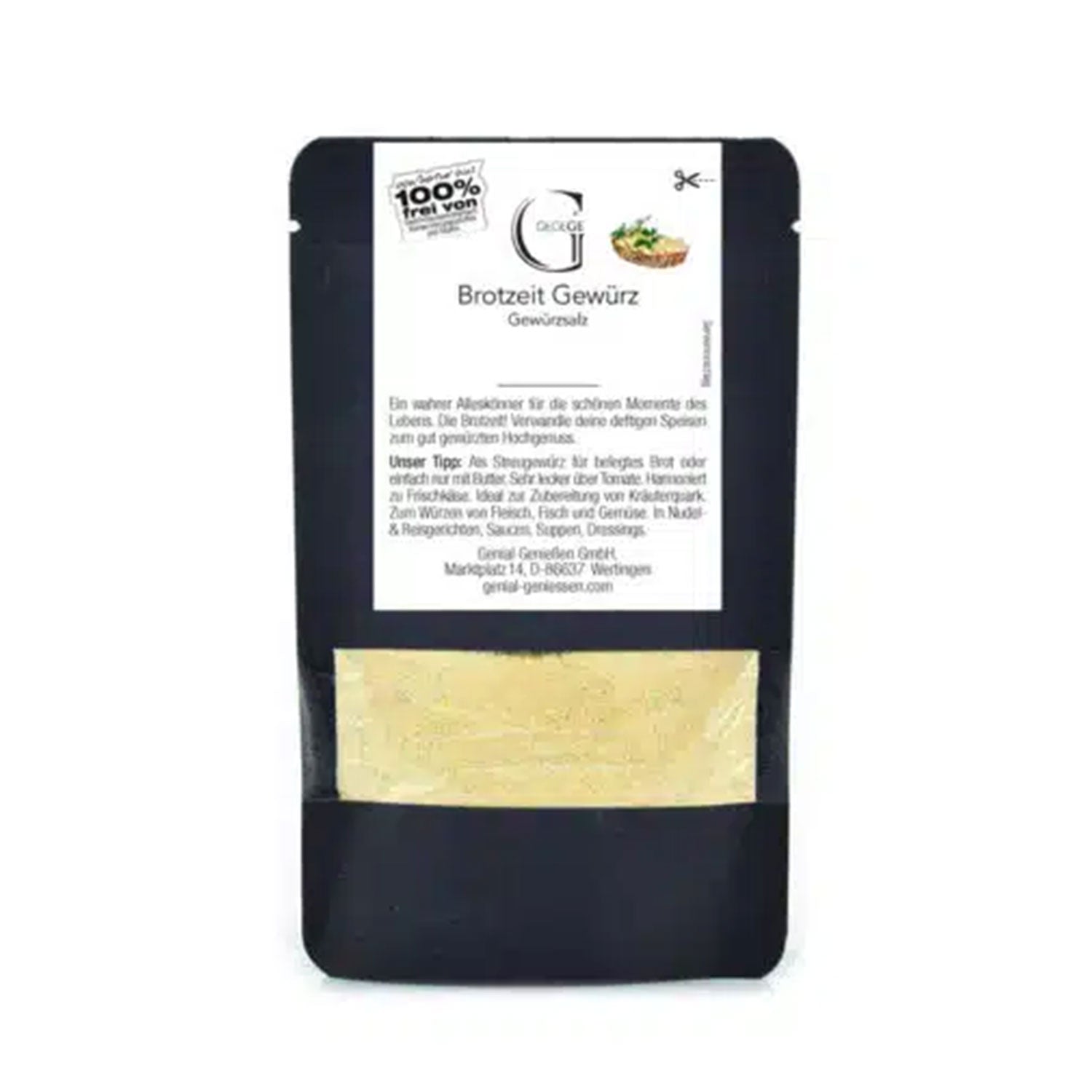 Ein schwarzer Beutel mit der Gewürzmischung Brotzeit Gewürz mit einem weißen Etikett auf der Vorderseite.