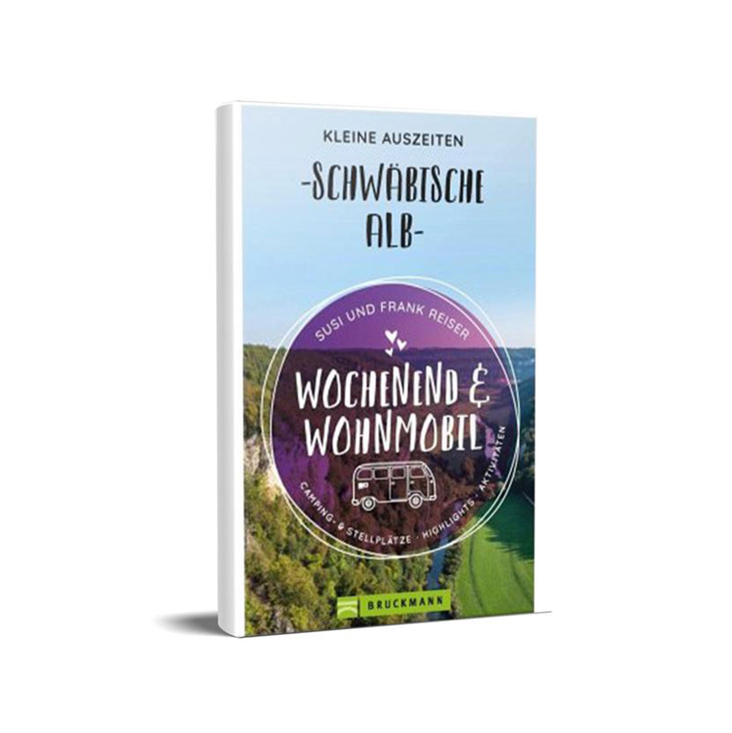 Das Buchcover von „Wochenend und Wohnmobil – Kleine Auszeiten Schwäbische Alb“ von Susi und Frank Reiser zeigt eine malerische Luftlandschaft, perfekt für Kurztrips-Wohnmobil-Abenteuer, mit einem kreisförmigen Etikett, das Campingplätze, Highlights und Touren detailliert beschreibt.