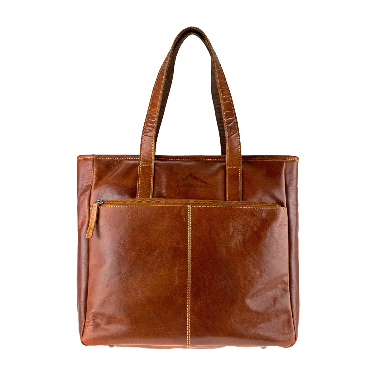Die Business Handtasche ARCO ist eine braune Ledertasche im sportlichen Design mit zwei Tragegriffen, sichtbaren Nähten und einem Reißverschlussfach auf der Vorderseite. Der Markenname ist auf der Vorderseite eingeprägt. Sie bietet ausreichend Platz und eignet sich auch als stylische Laptoptasche.