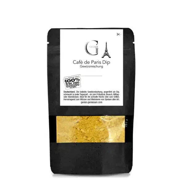 Schwarzer Beutel mit der Aufschrift Café de Paris Dip mit Gewürzmischung in einem Fenster sichtbar.
