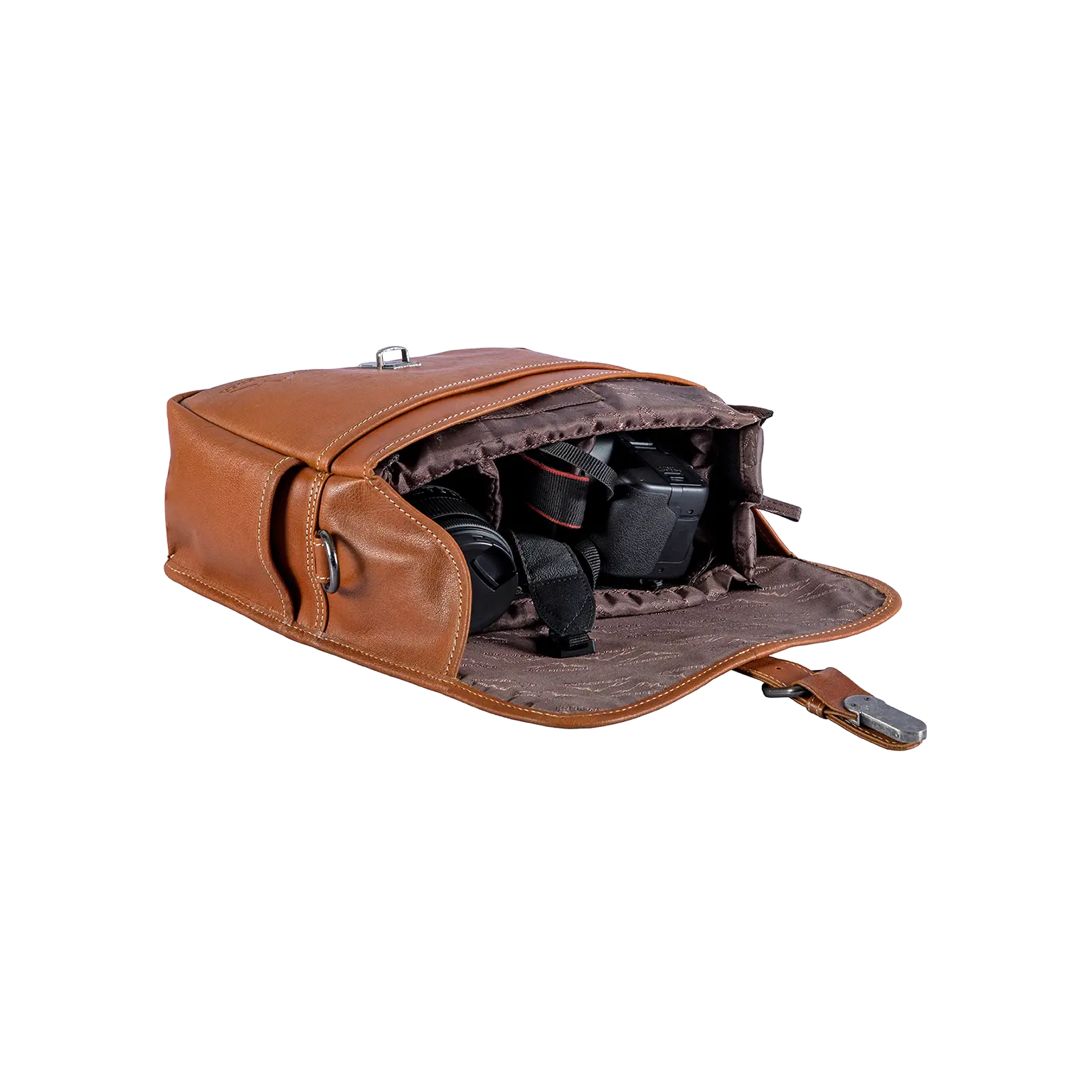 Alpenleder Kameratasche PRESSE geöffnet zeigt Kamera und Objektive innen.