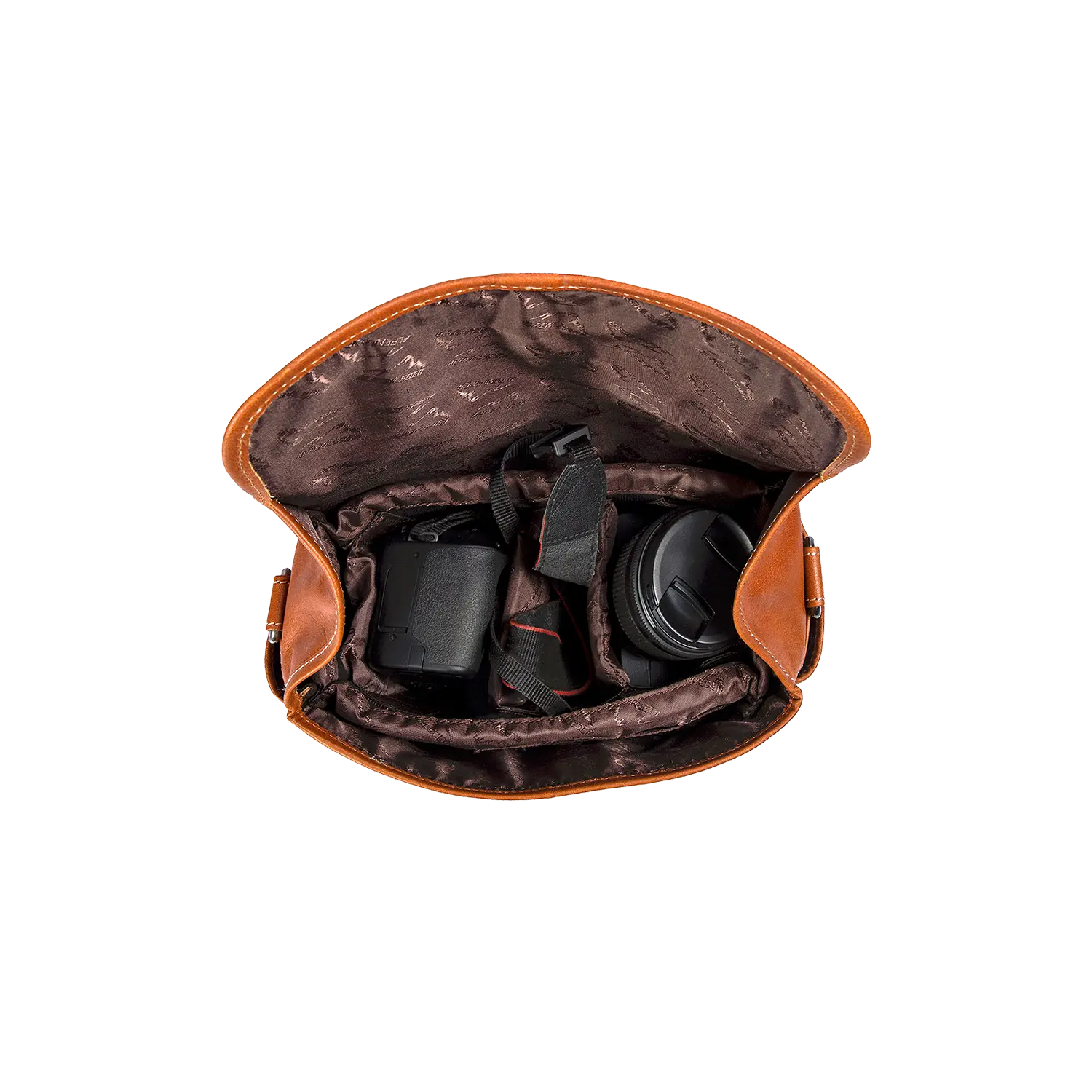 Alpenleder Kameratasche PRESSE mit Kamera und Objektiv im Inneren, Ansicht von oben.