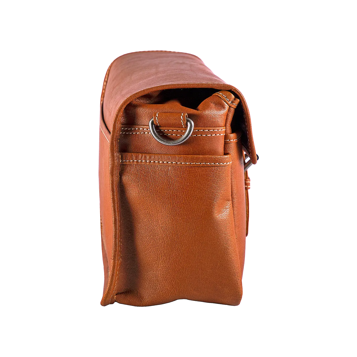 Seitenansicht der Alpenleder Kameratasche PRESSE mit Metallring und Steppung.