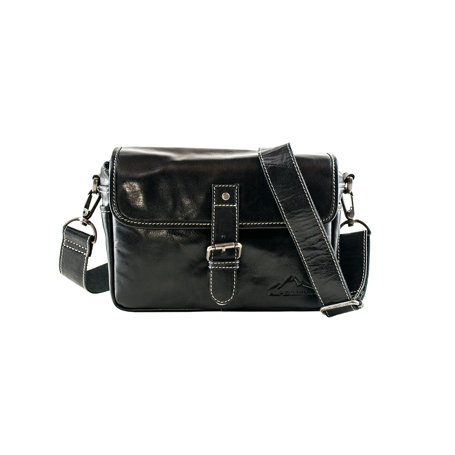 Schwarze Alpenleder Kameratasche PRESSE mit Schnalle und verstellbarem Riemen.