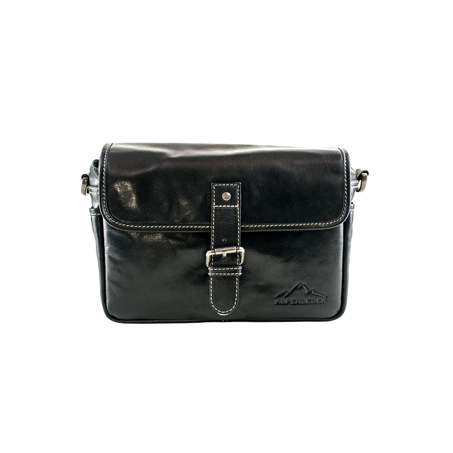 Schwarze Alpenleder-Kameratasche PRESSE mit Schnalle und genähtem Detail.