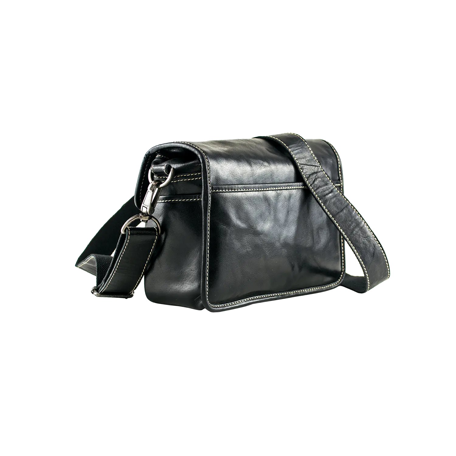 Alpenleder Kameratasche PRESSE mit weißen Nähten und verstellbarem Riemen.