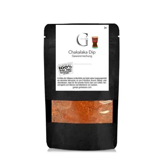 Schwarzer Beutel mit der Aufschrift Chakalaka Dip Gewürzmischung mit sichtbarer orange-roter Würze.