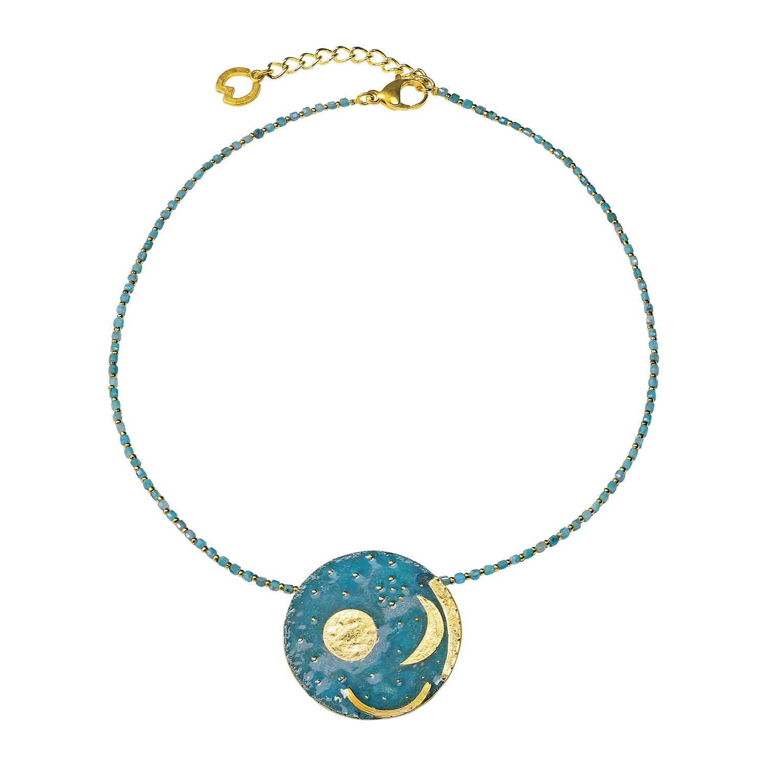 Ars mundi Collier "Himmelsscheibe von Nebra" mit gold/türkisfarbenen Perlen und Anhänger.