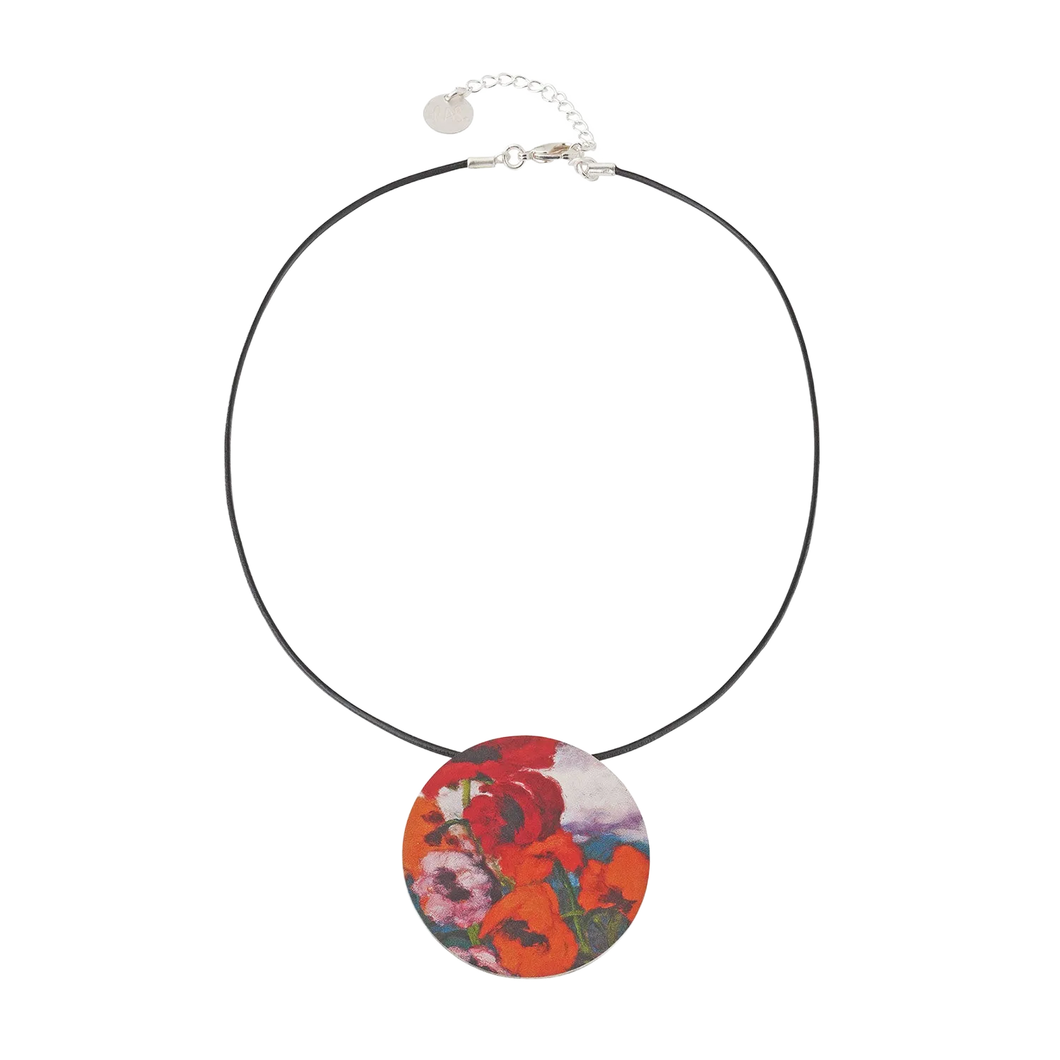 Collier "Großer Mohn Rot, Rot, Rot" mit Lederband, rundem Anhänger.