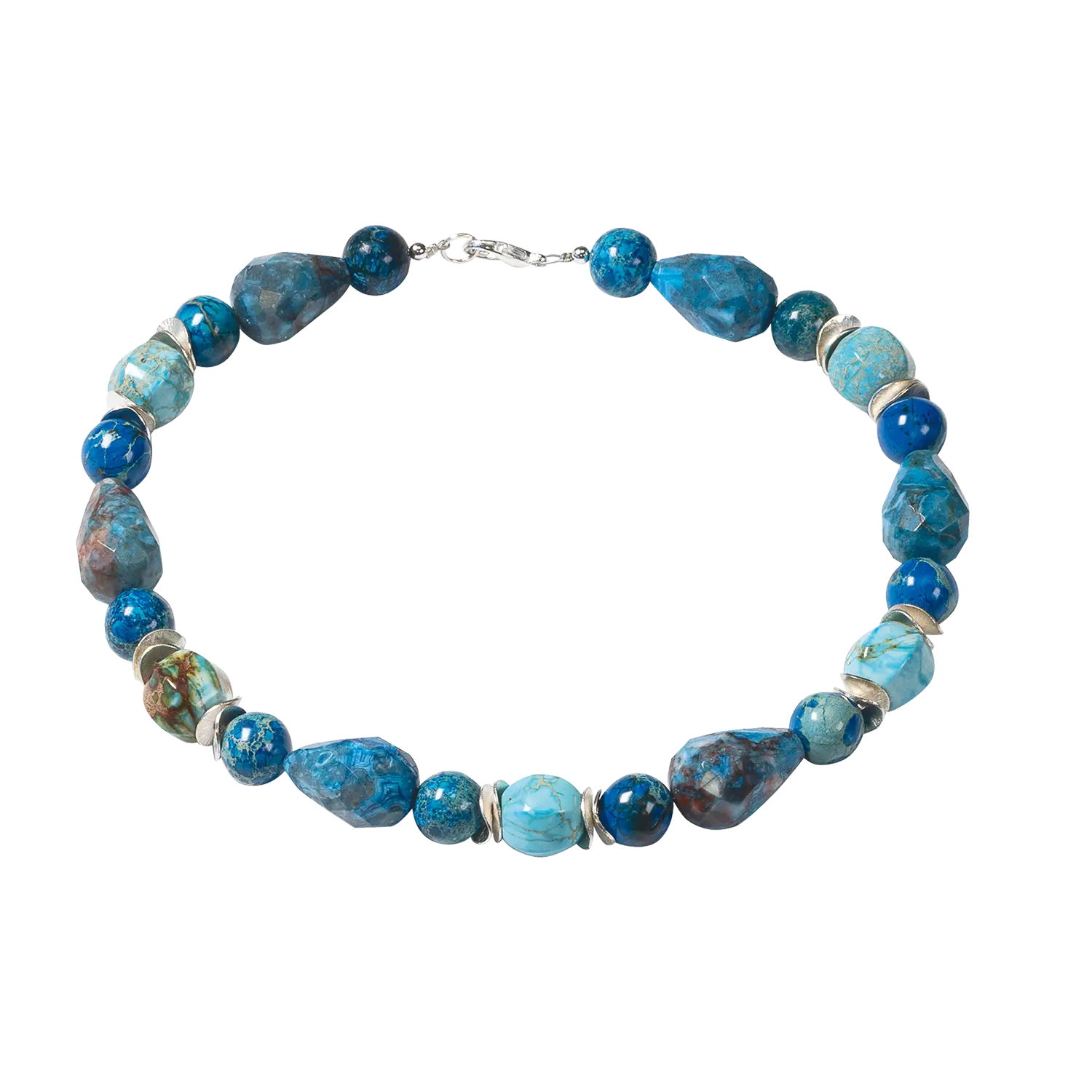 Collier Sansibar – Jaspis-Perlen und Larimar mit versilberten Metallelementen, Karabinerverschluss