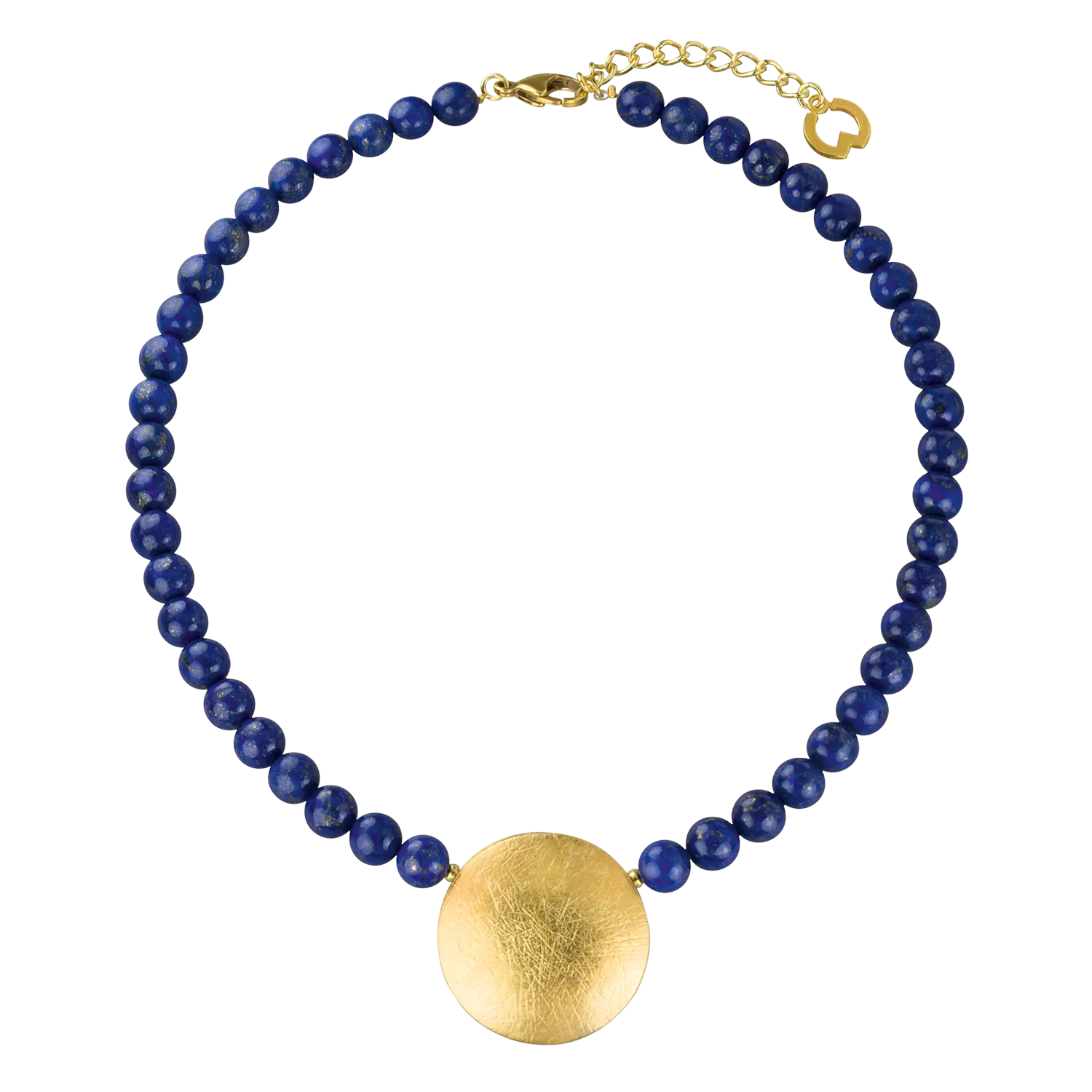 Collier "Sonnenscheibe" mit Lapislazuli-Perlen und goldfarbenem Anhänger.