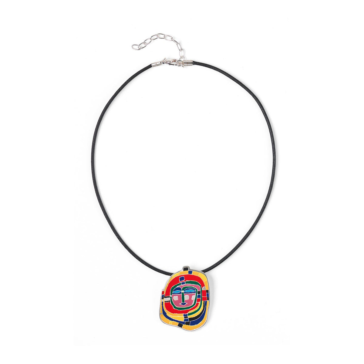 Hundertwasser Collier „Spirale“ mit abstraktem farbigem Anhänger am schwarzen Lederband