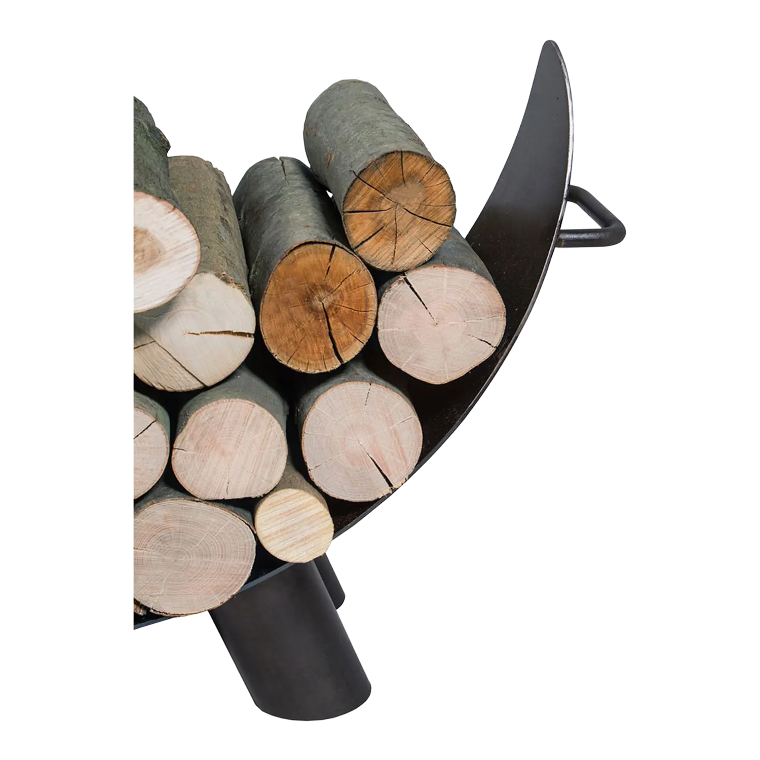 Kaminholzregal Colorado hält gestapelte Brennholzscheite mit Griffen und einer Bildhülle.