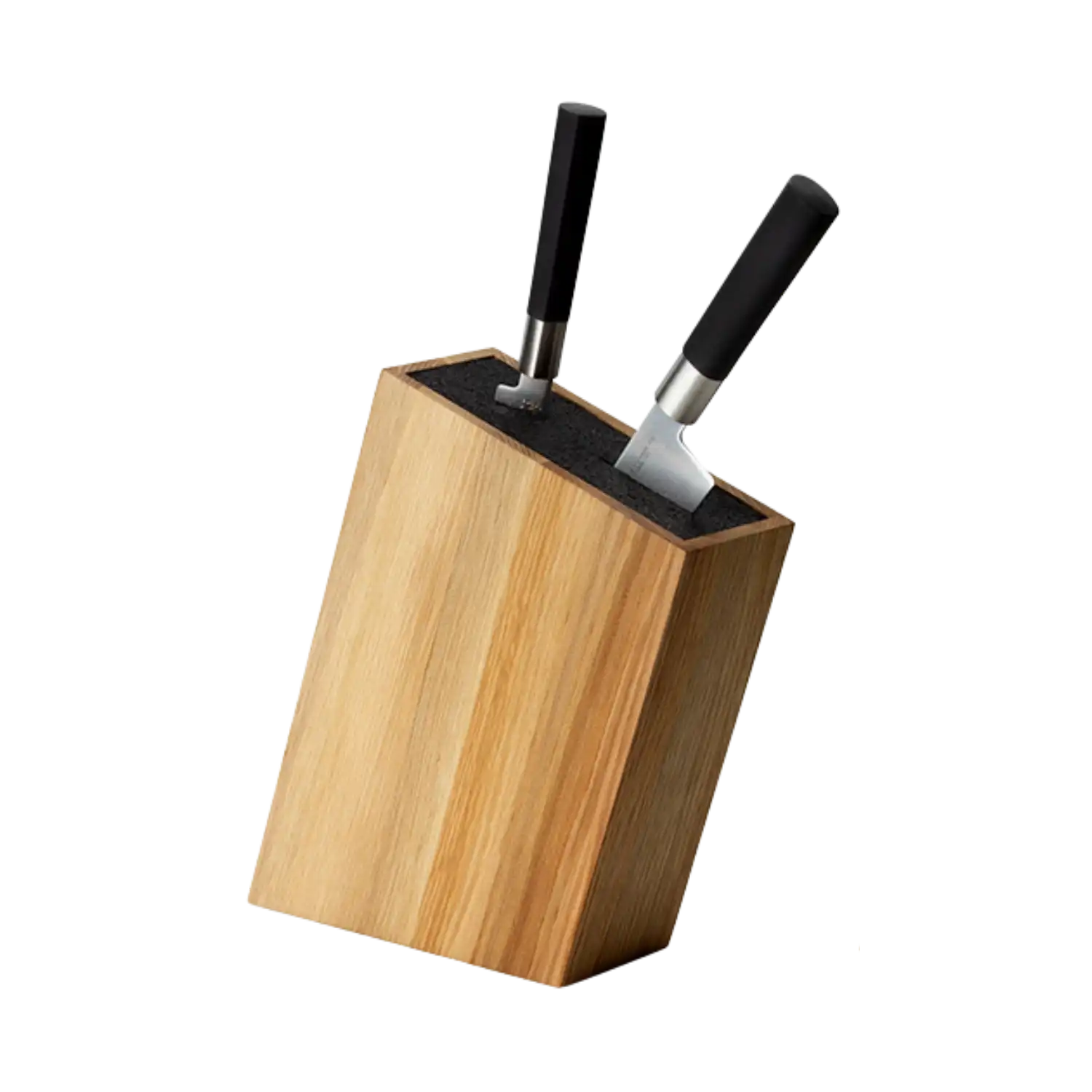 Messerblock aus Holz mit 2 Messern, platzsparend, vor weißem Hintergrund.