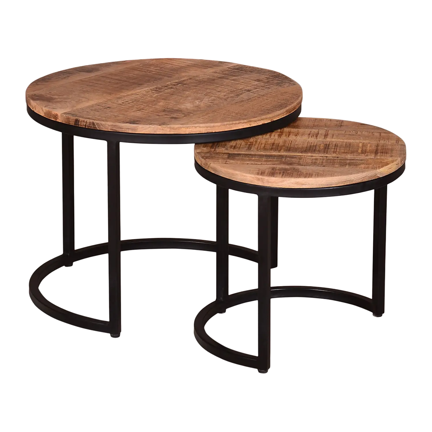 Loungeset Loconia Fermo: runde Beistelltische mit Holzplatten, schwarze Beine.