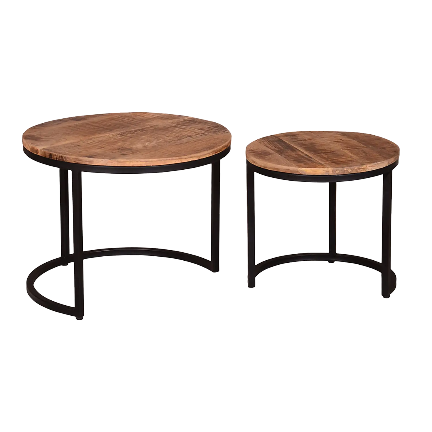 Loungeset Loconia Fermo: runde Tische mit Holzplatte und schwarzem Metallgestell.