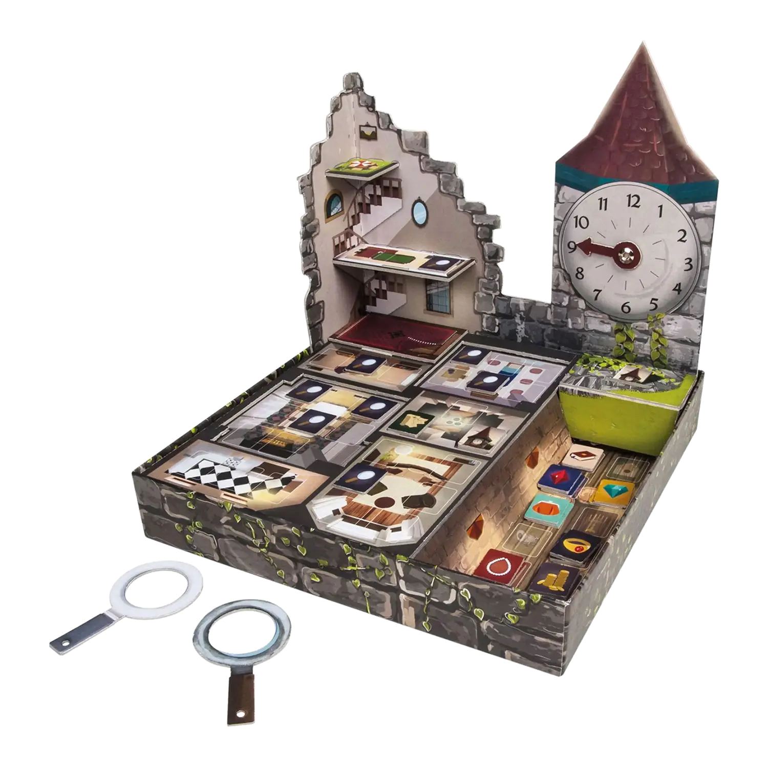 Entdecken Sie „Der Geheimgang – Brettspiel“, ein kooperatives Memory-Spiel mit dreidimensionalem Uhrenturm und Burgenlayout. Das Brett ist ideal für Teamarbeit und verfügt über verschiedene Räume, zwei Lupen an der Seite und eine Uhr mit 12:00 Uhr für zusätzliche Spannung.