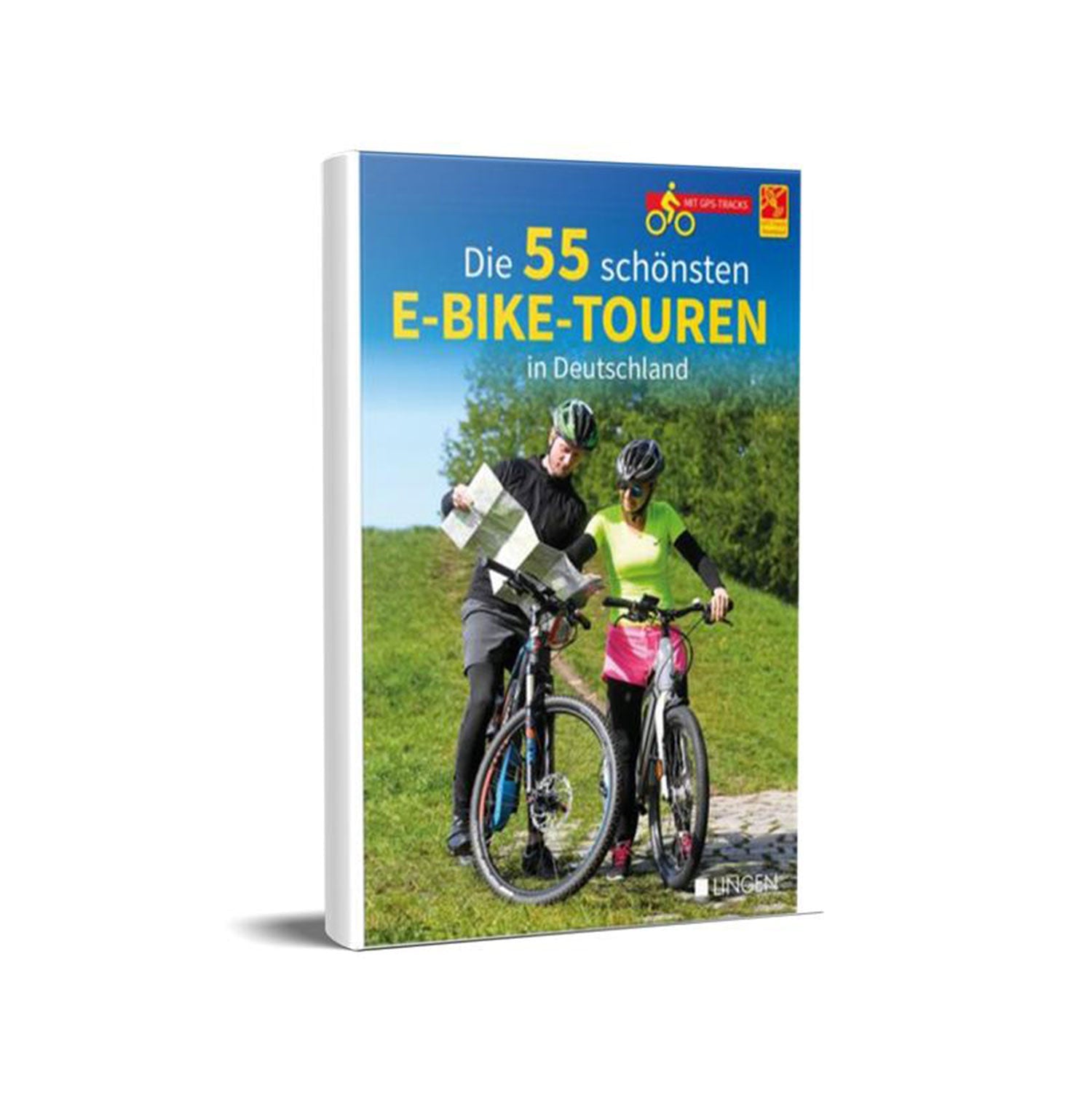 Das Cover von „Die 55 schönsten E-Bike Touren in Deutschland“ zeigt zwei Radfahrer mit E-Bikes auf einem Grasweg, eine Karte in den Händen unter dem klaren blauen Himmel.