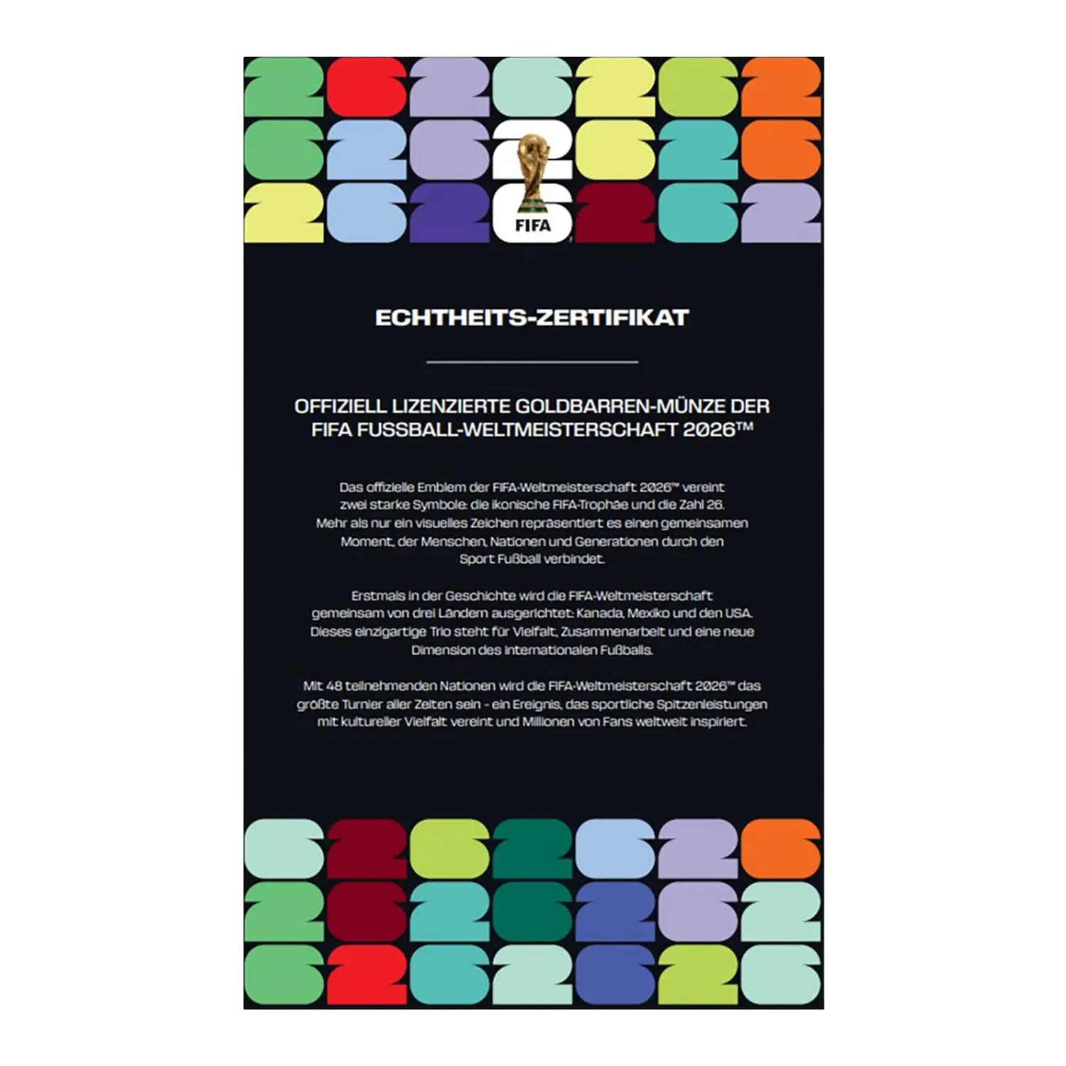 Ein Goldbarren zur FIFA Fußball-Weltmeisterschaft 2026 mit Text und Zahlen.