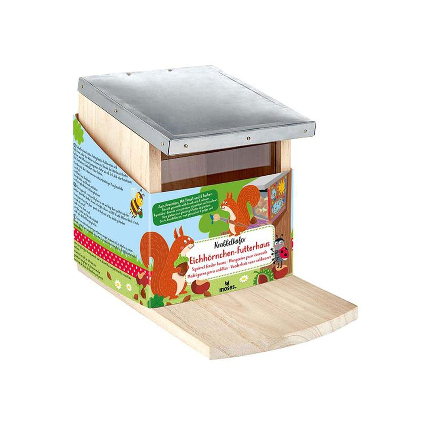 Das Eichhörnchen Futterhaus zum Anmalen ist aus Holz mit einem stabilen Metalldach.