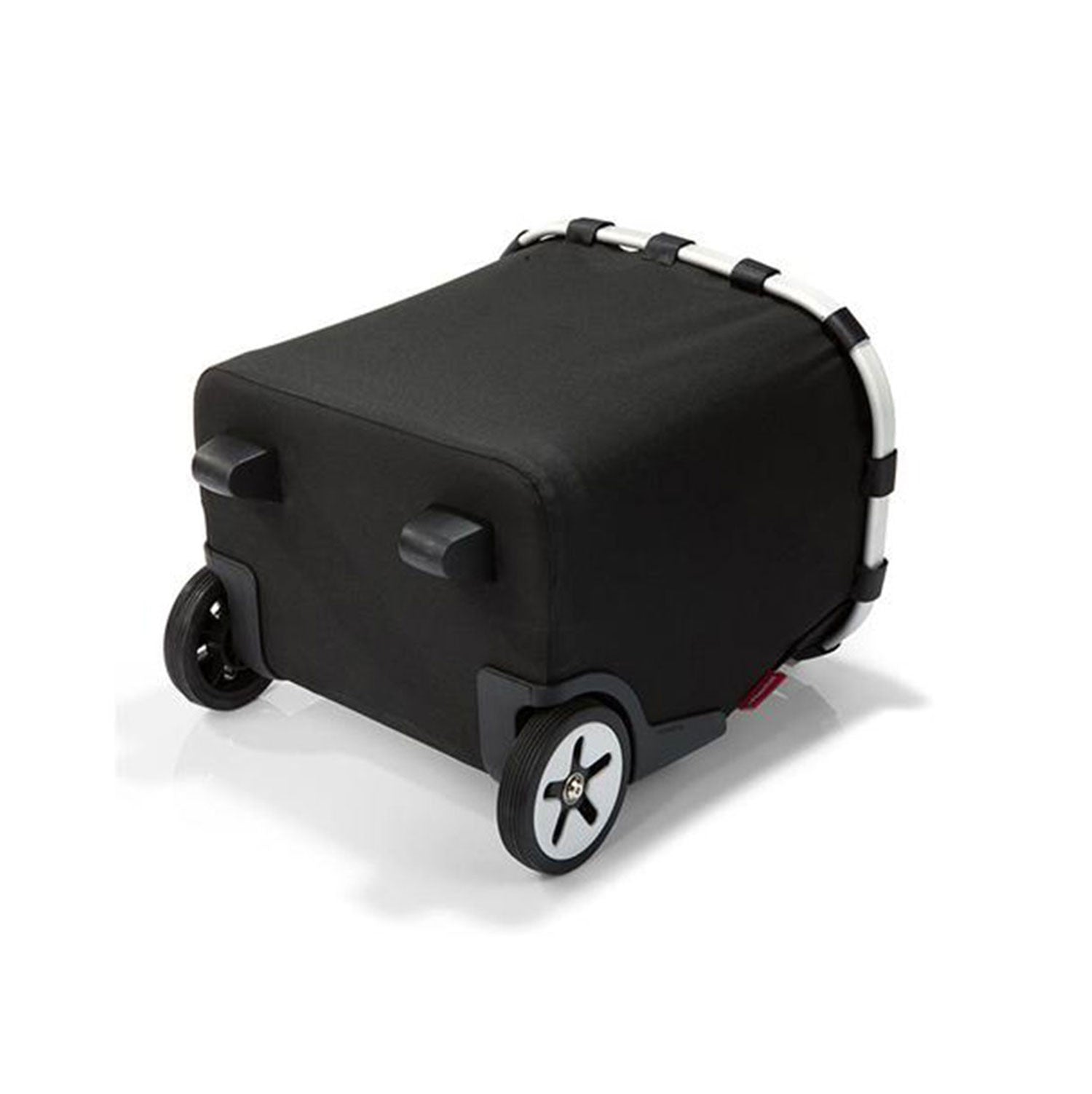 Der Reisenthel Carrycruiser ® - schwarz ist ein kastenförmiger Rollwagen mit Griff, zwei stabilen Rädern und Stoffbezug, perfekt für den mühelosen Transport von Lebensmitteln oder anderen Gegenständen.