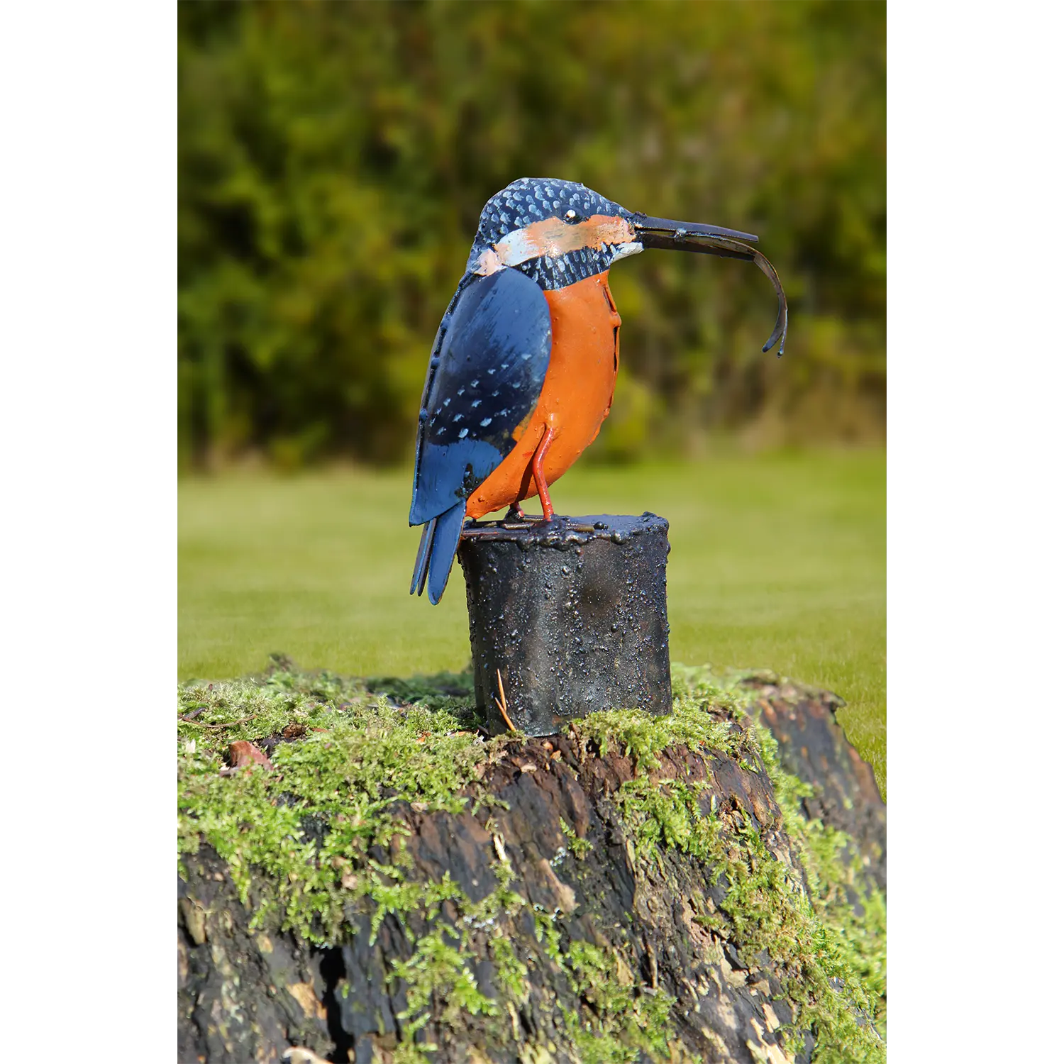 Die Gartenfigur „Eisvogel mit Fisch“ ist ein farbenfroher Eisvogel aus Metall mit blauen, orangefarbenen und weißen Details, der im Freien auf einem Baumstumpf inmitten von grünem Gras und verschwommenen Bäumen thront.