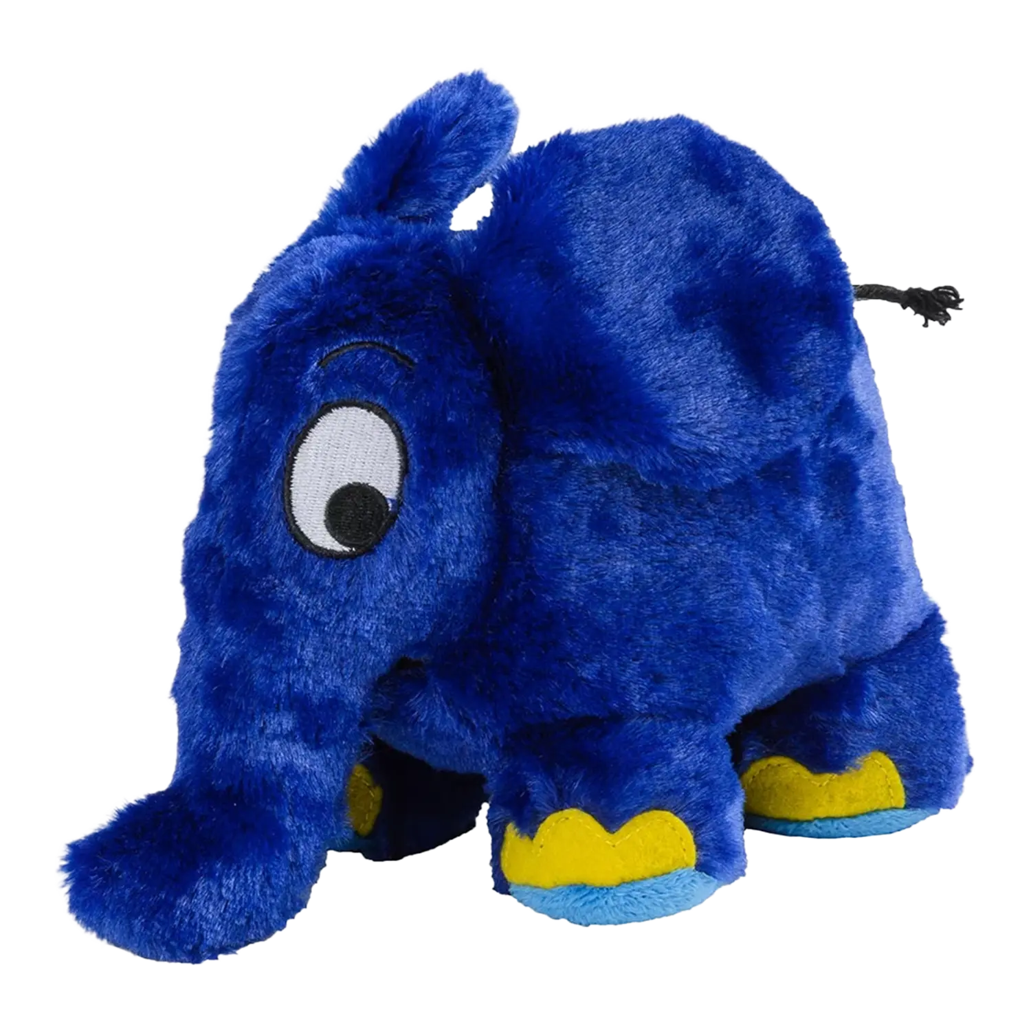 Ein Plüsch Der blaue Elefant Wärmetier mit gelben Füßen und Cartoon-Augen.